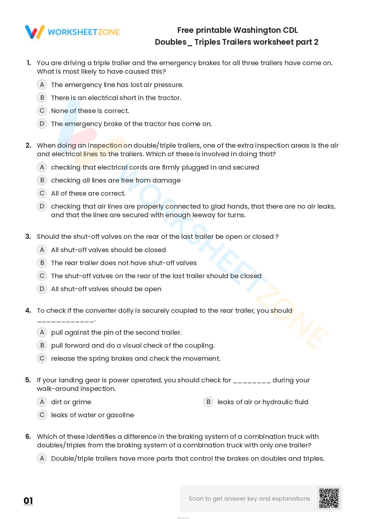 Free Printable Washington CDL Doubles/ Triples Trailers Worksheet Part 2