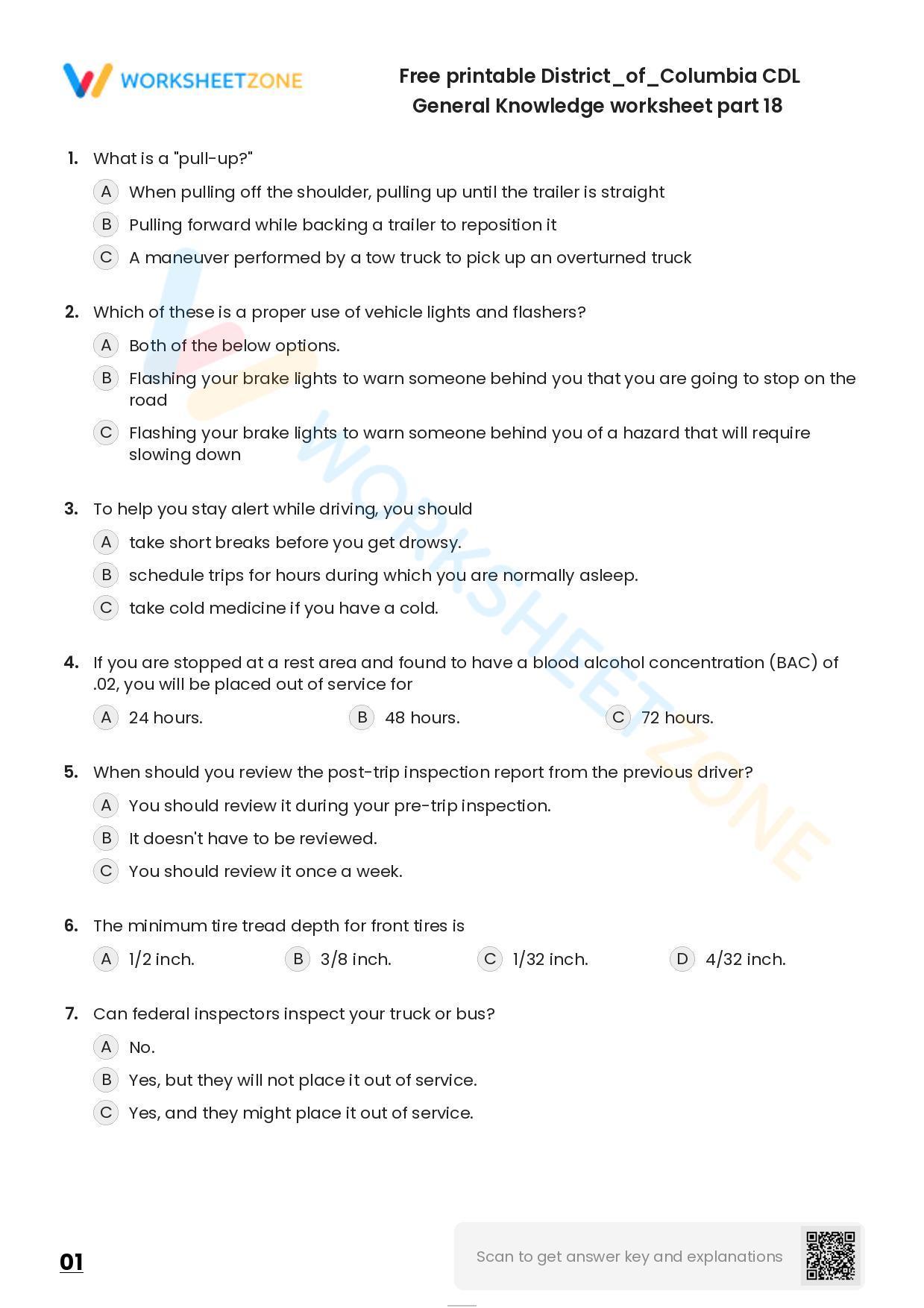 Free Printable Districtofcolumbia Cdl General Knowledge Practice Test Worksheet Zone 5032