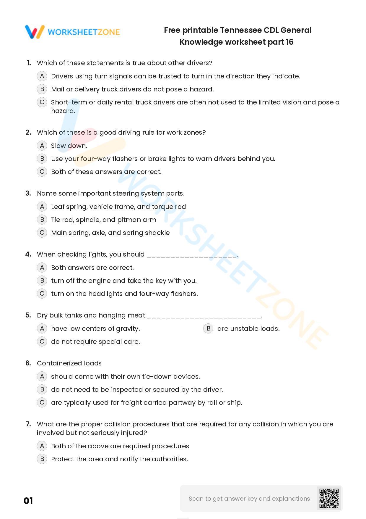 Free Printable Tennessee Cdl General Knowledge Worksheet Part 16 5873