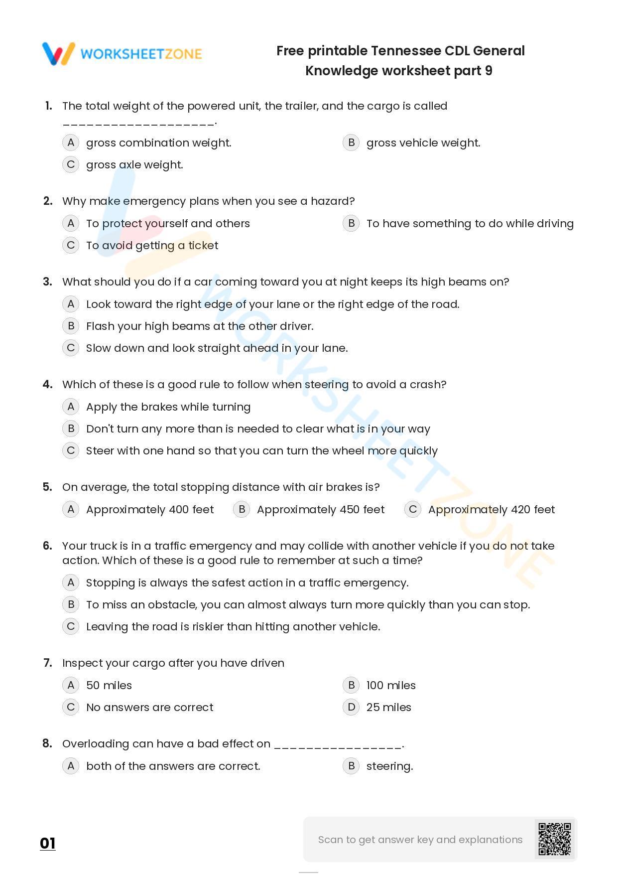 Free Printable Tennessee Cdl General Knowledge Worksheet Part 9 Worksheetzone 1603