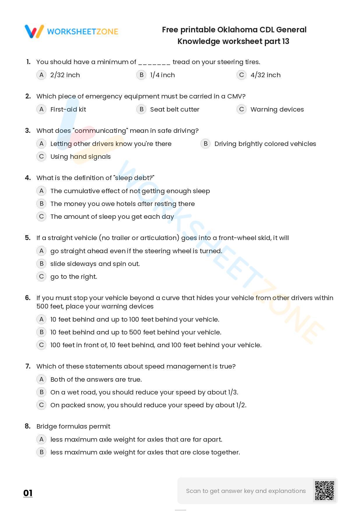 Free printable Oklahoma CDL General Knowledge practice test Worksheetzone