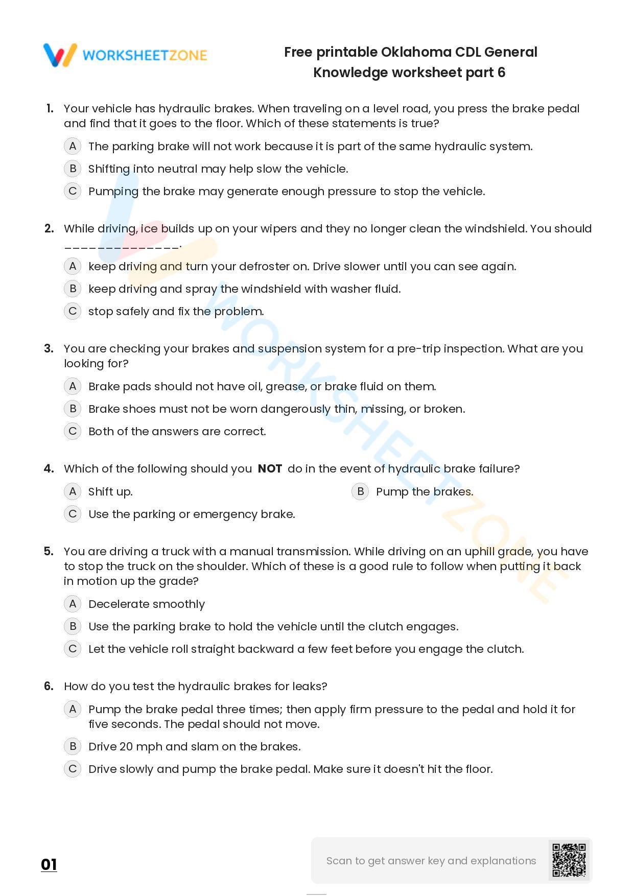 Free printable Oklahoma CDL General Knowledge practice test Worksheet