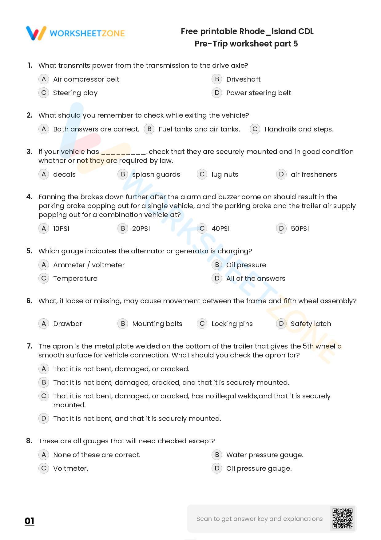 Free Printable Rhode/Island CDL Pre-Trip Worksheet Part 5