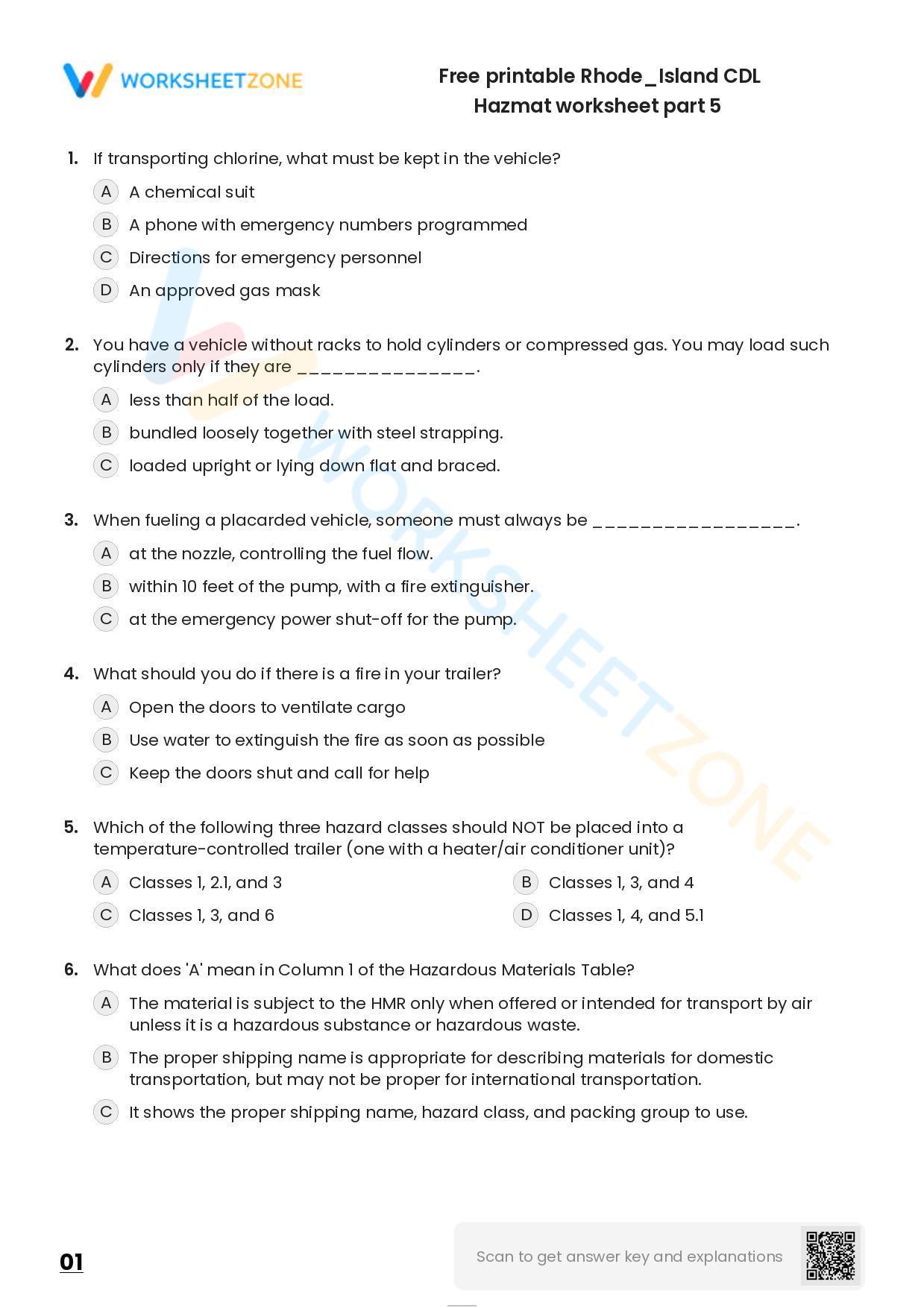 Free printable Rhode/Island CDL Hazmat worksheet part 1 | Worksheet Zone