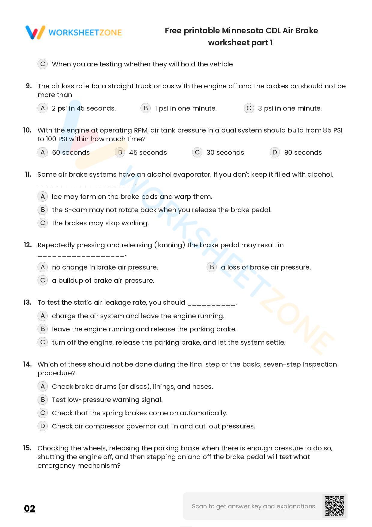 Free printable Minnesota CDL Air Brake practice test Worksheet Zone