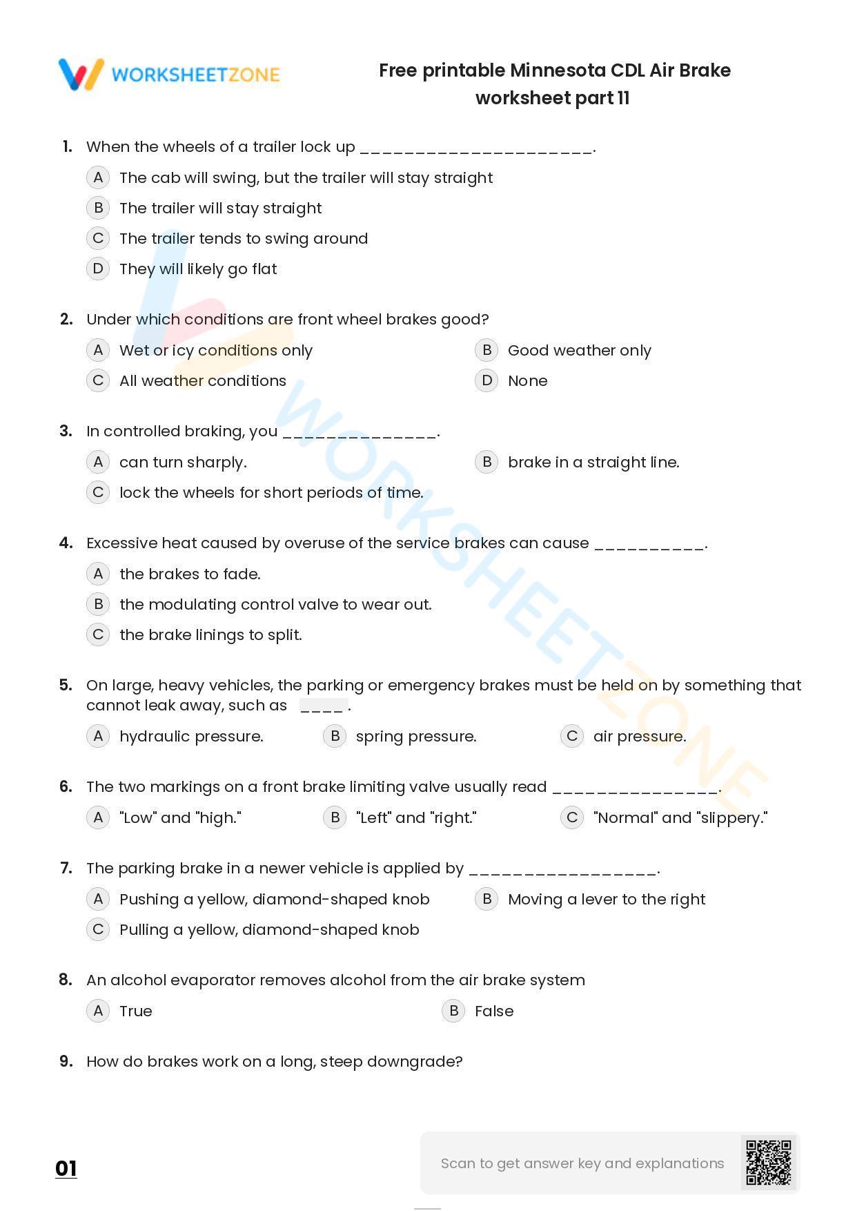 Free Printable Minnesota CDL Air Brake Worksheet Part 11