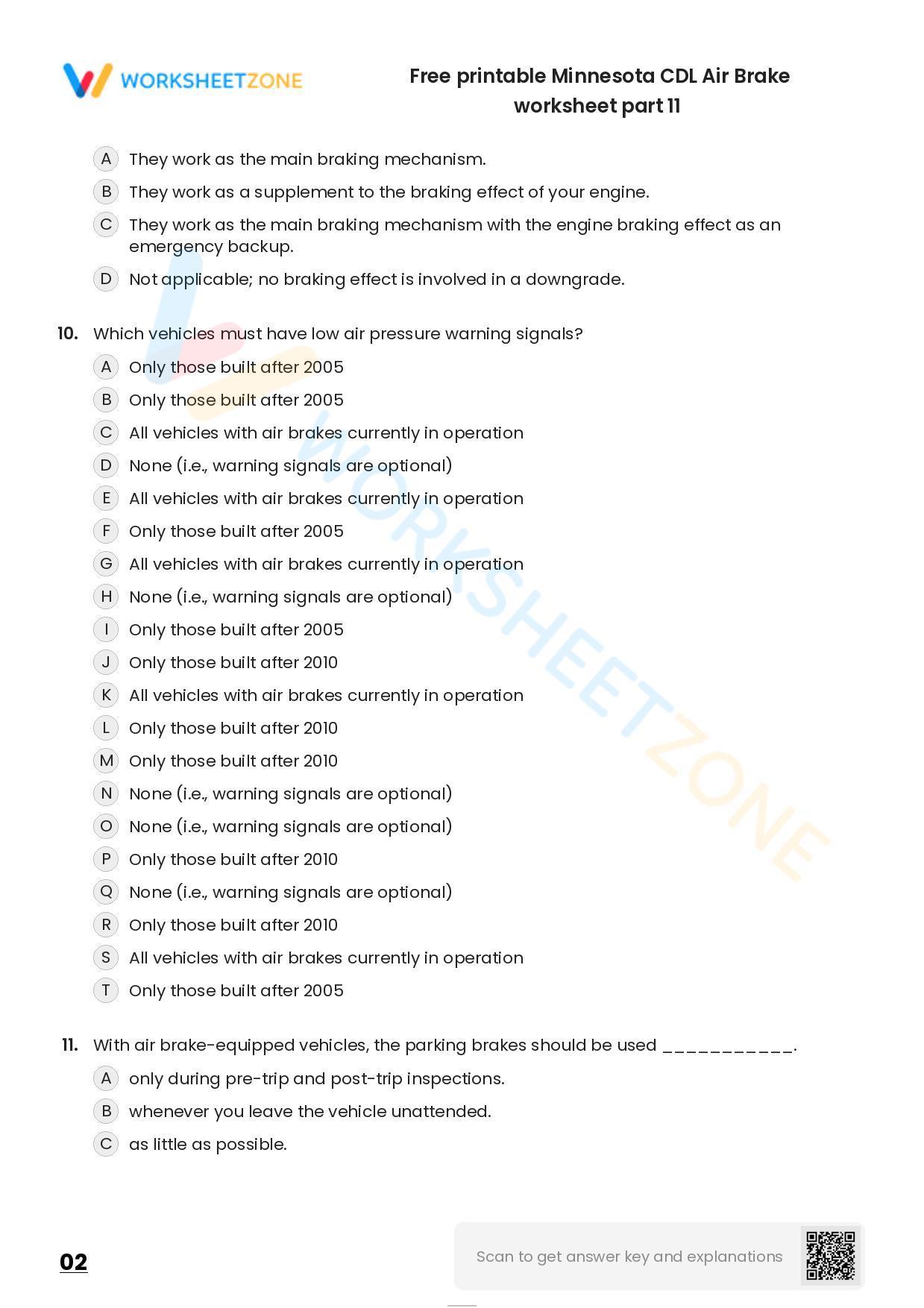 Free Printable Minnesota Cdl Air Brake Practice Test Worksheet Zone 8625