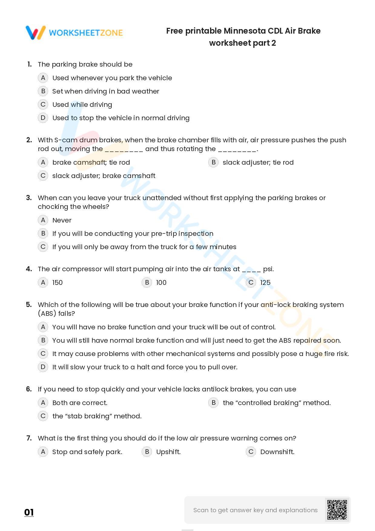 Free Printable Minnesota CDL Air Brake Worksheet Part 2