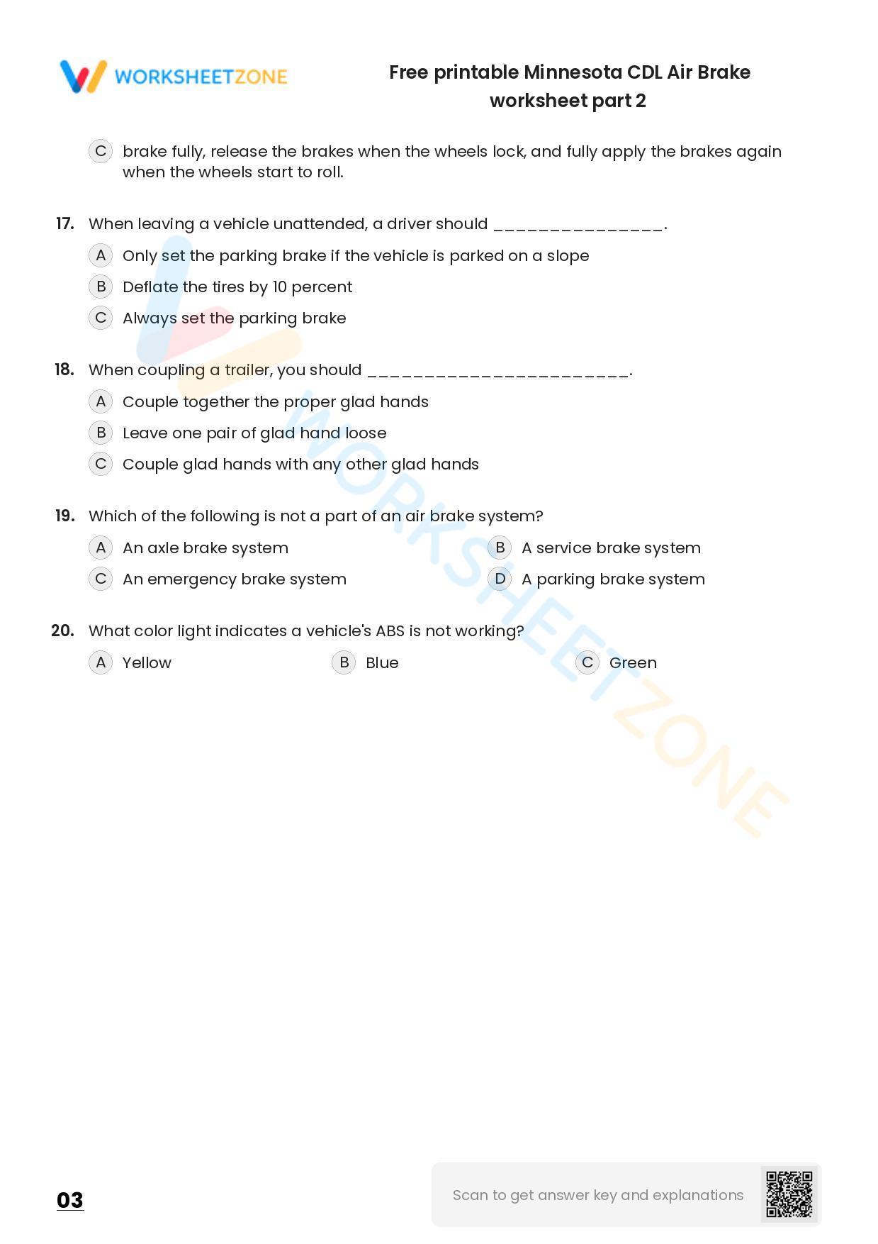 Free printable Minnesota CDL Air Brake practice test Worksheet Zone
