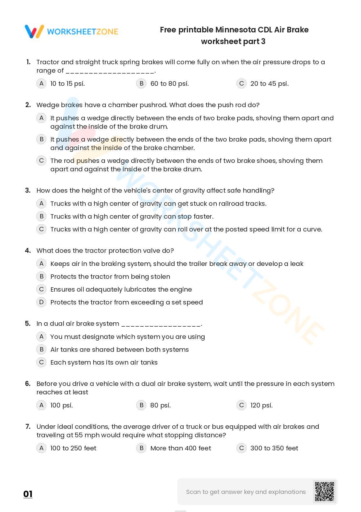 Free printable Minnesota CDL Air Brake practice test Worksheet Zone