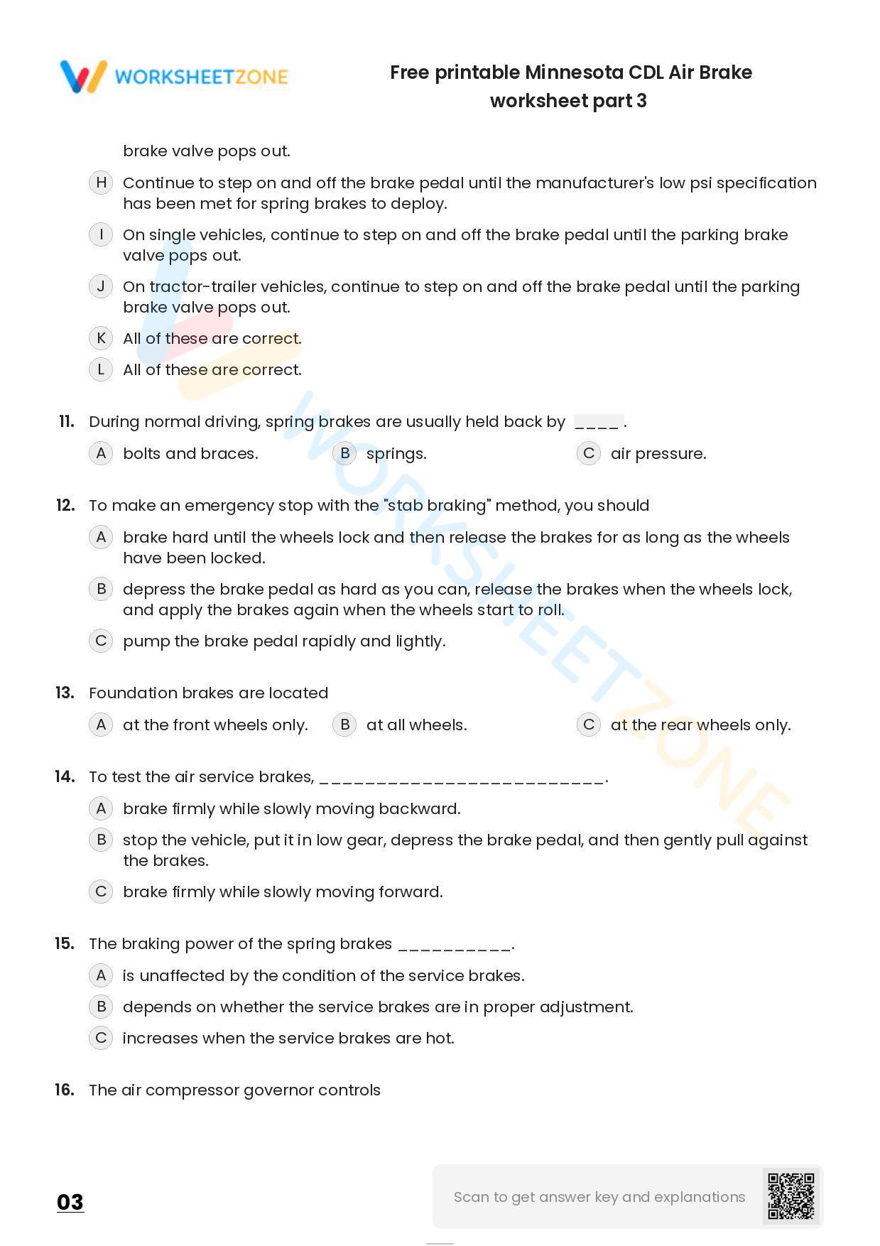 Free printable Minnesota CDL Air Brake practice test Worksheet Zone