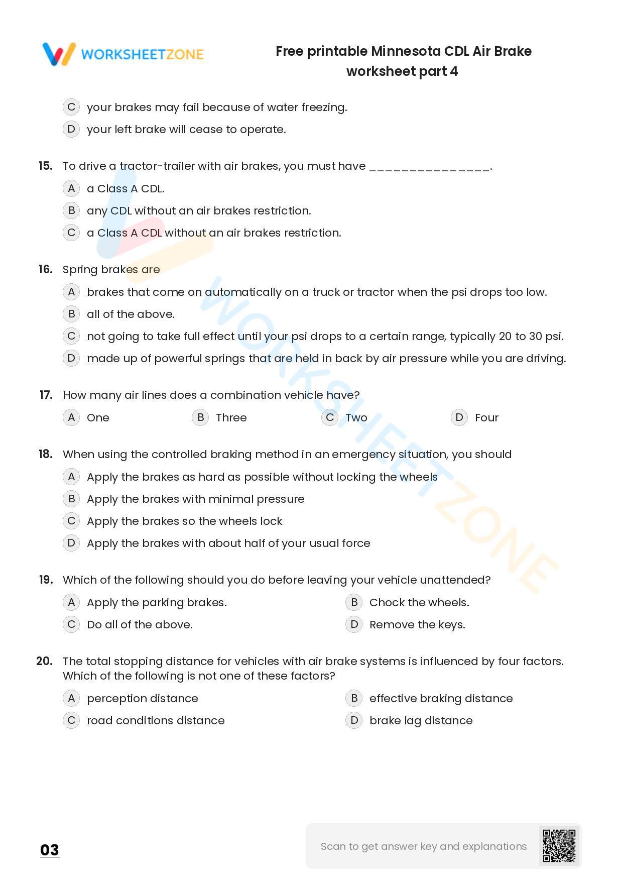 Free printable Minnesota CDL Air Brake practice test Worksheet Zone