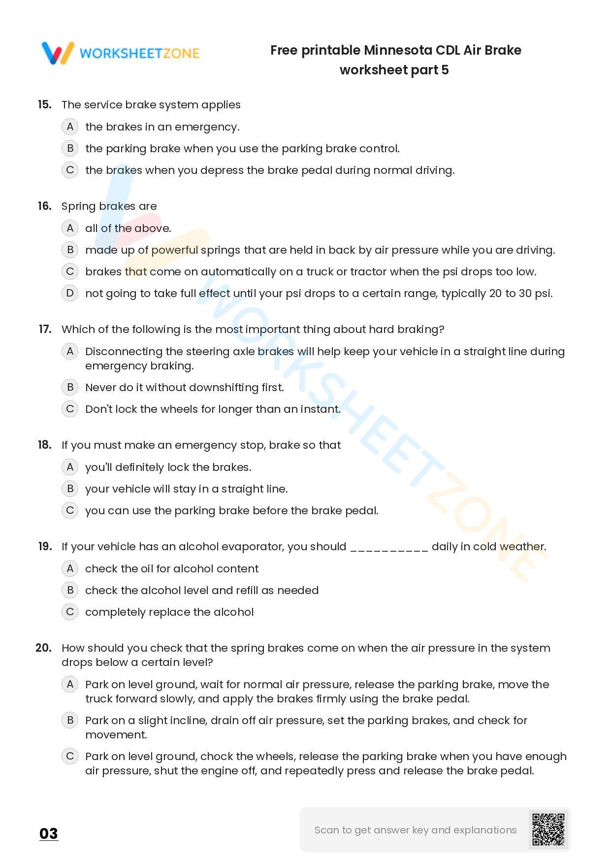 Free printable Minnesota CDL Air Brake practice test Worksheet Zone