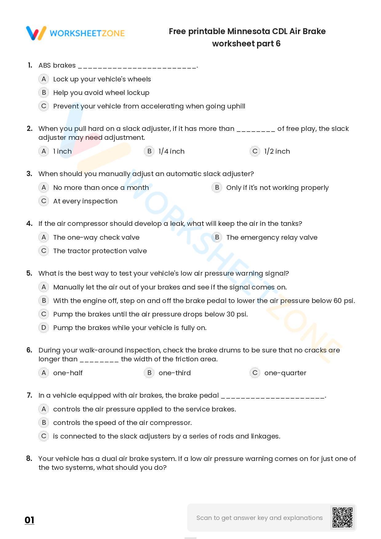 Free printable Minnesota CDL Air Brake practice test Worksheet Zone