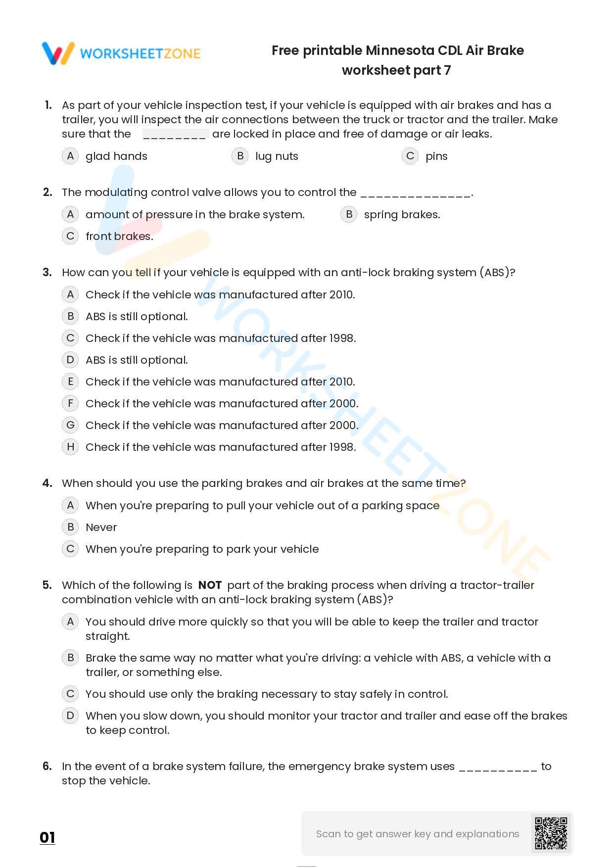 Free Printable Minnesota CDL Air Brake Worksheet Part 7