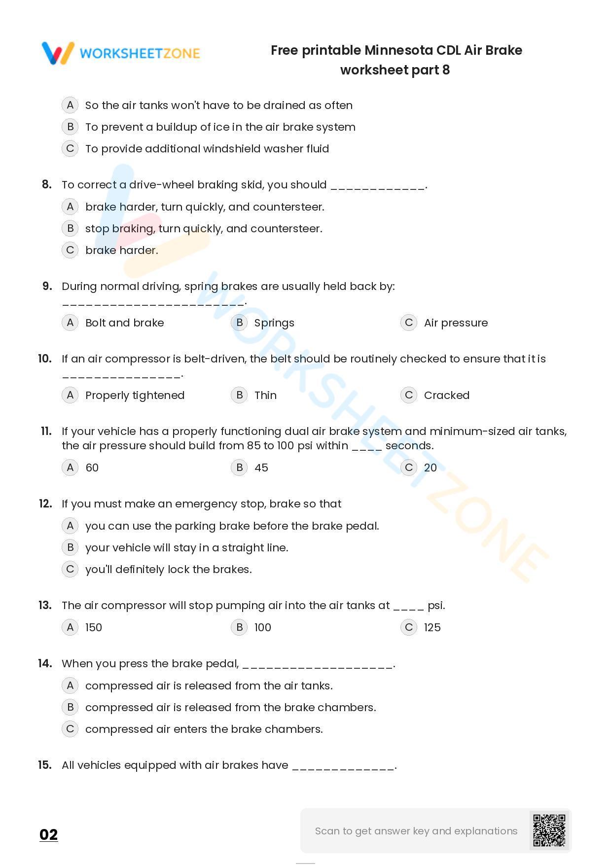 Free printable Minnesota CDL Air Brake practice test Worksheet Zone