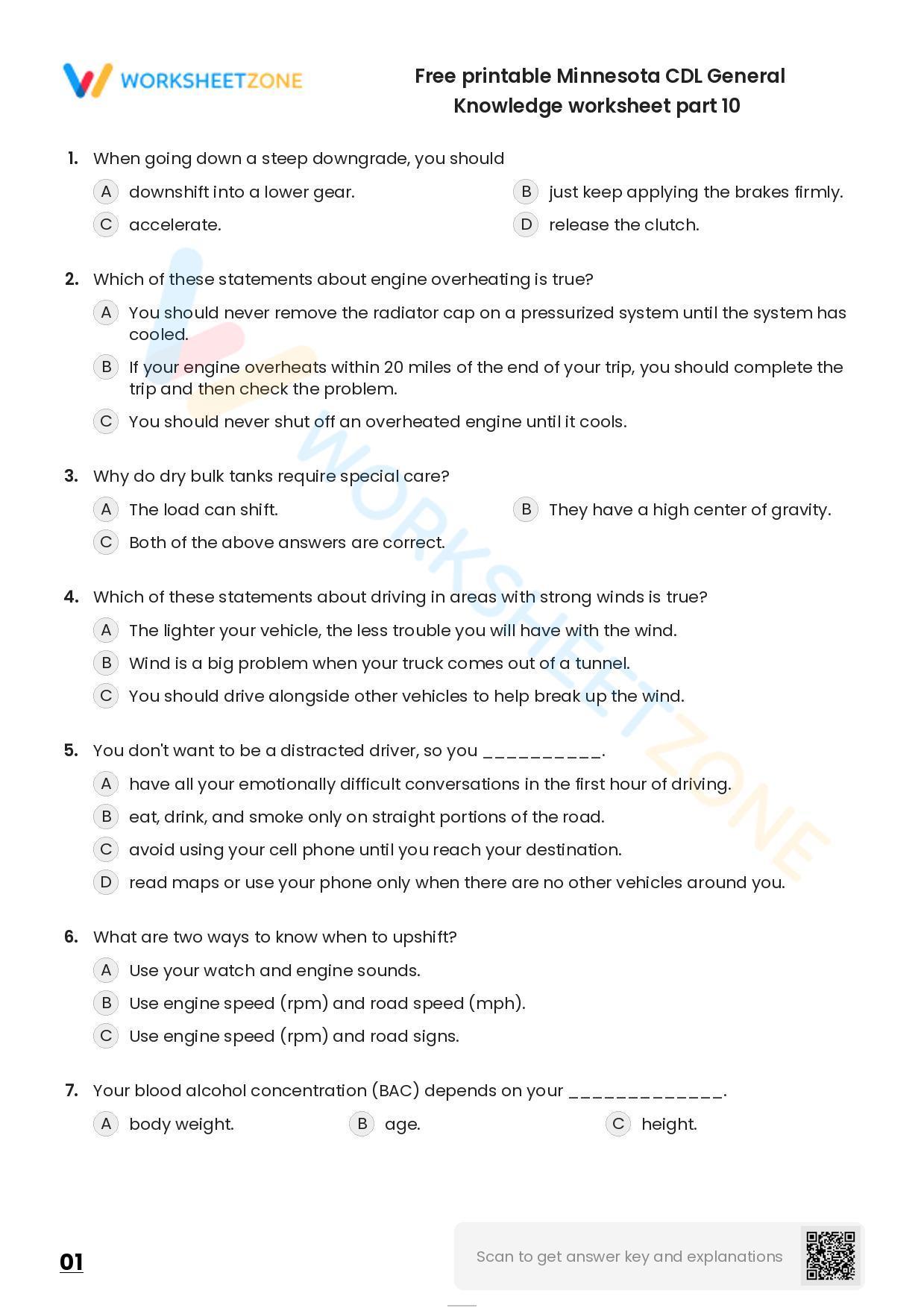 Free Printable Minnesota CDL General Knowledge Worksheet Part 10
