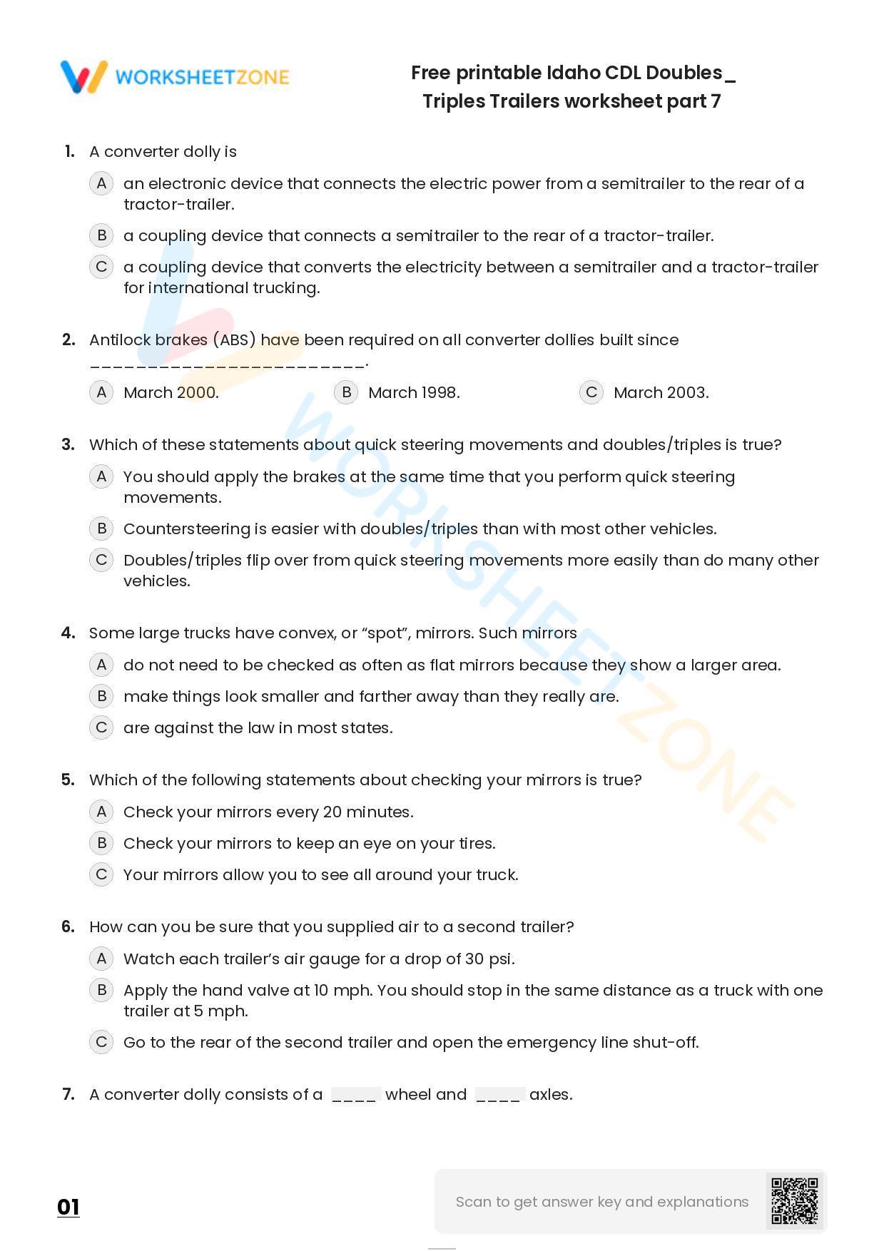 Free Printable Idaho CDL Doubles/ Triples Trailers Worksheet Part 7 Free Printable Idaho CDL Doubles/ Triples Trailers Worksheet Part 7