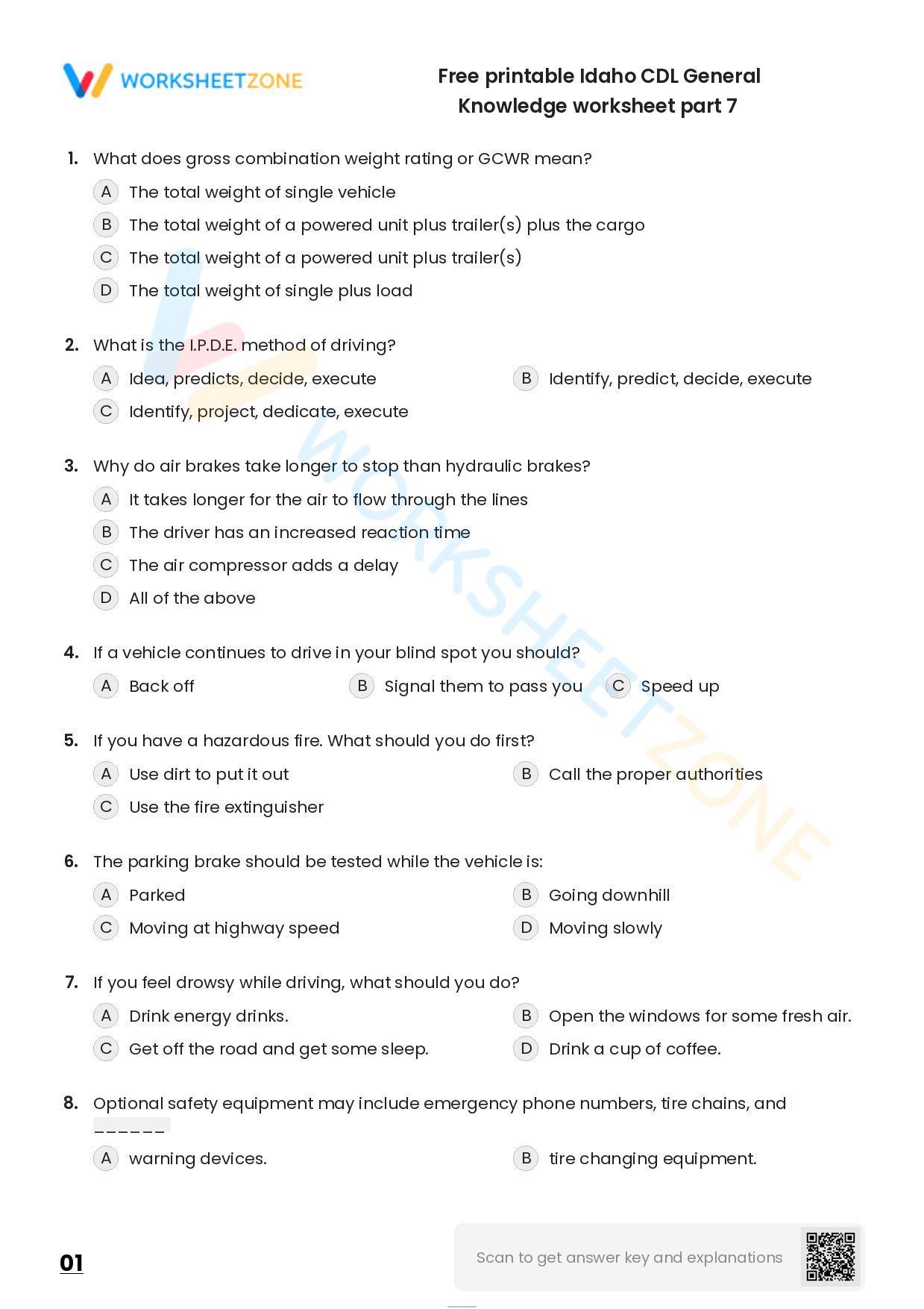Free Printable Idaho CDL General Knowledge Worksheet Part 7