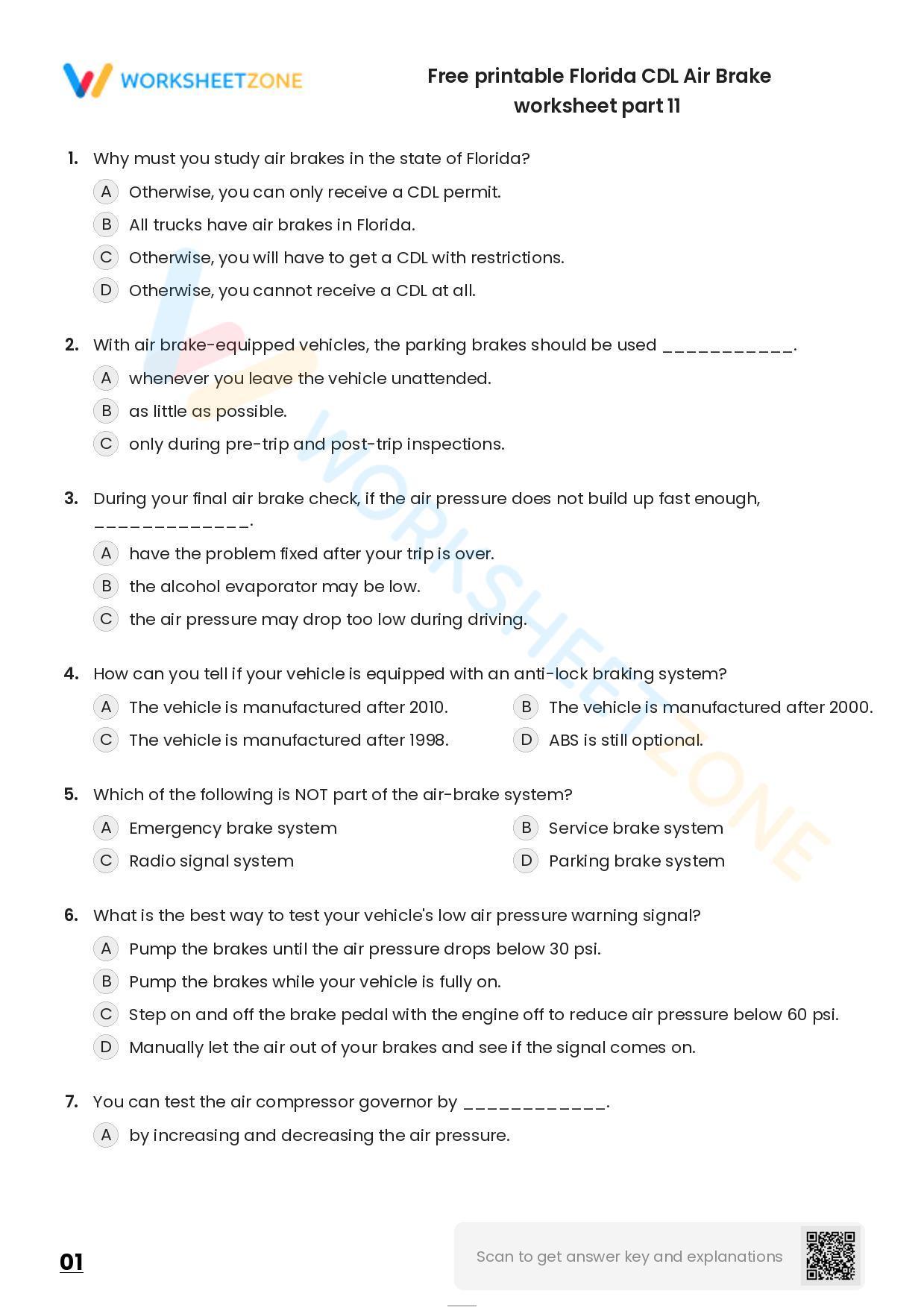 Free Printable Florida CDL Air Brake Worksheet Part 11