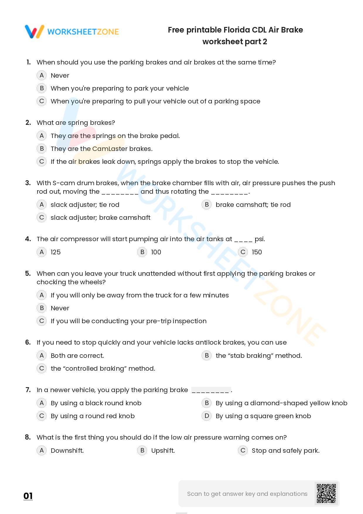 Free Printable Florida CDL Air Brake Worksheet Part 2