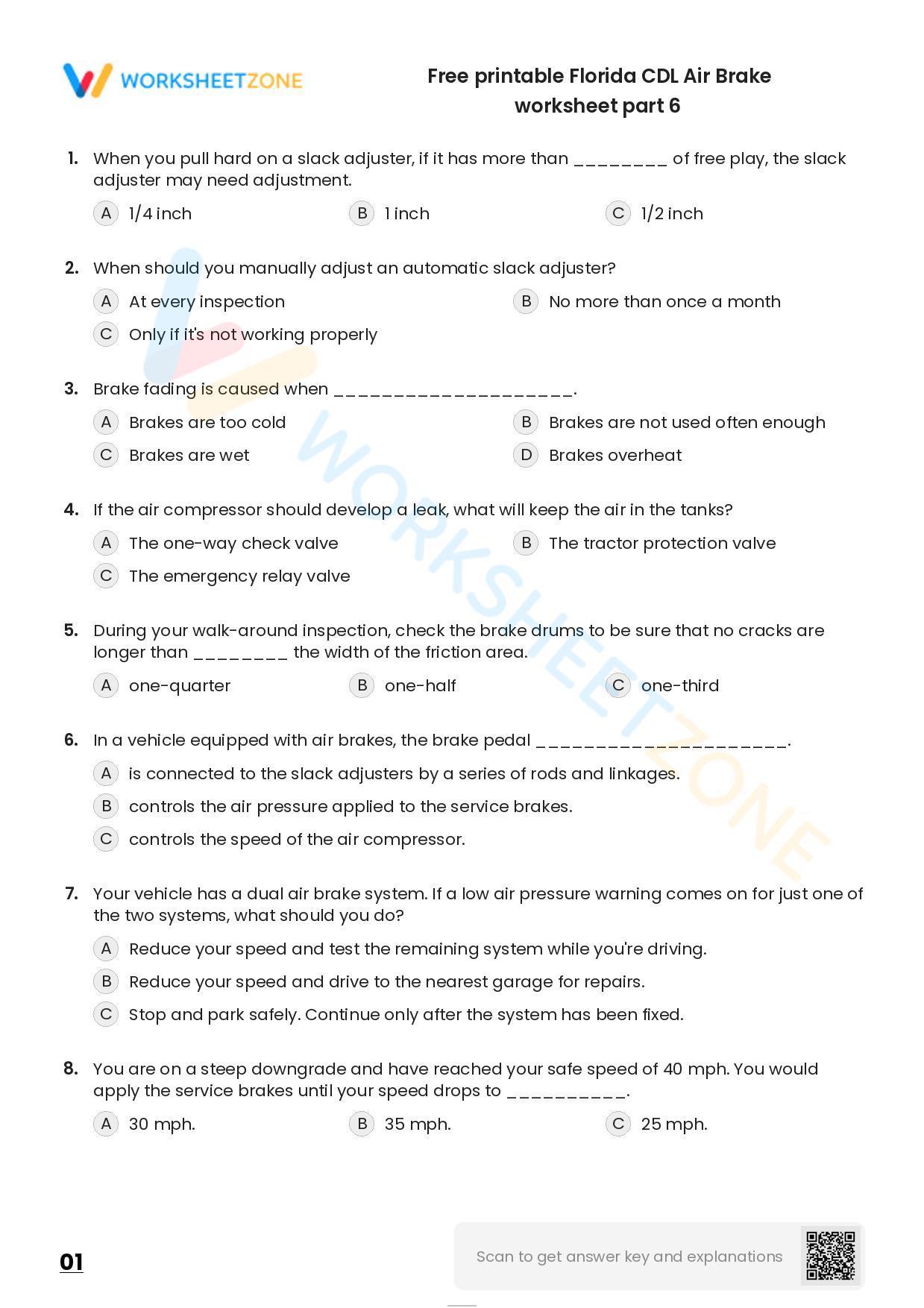 Free Printable Florida CDL Air Brake Worksheet Part 6