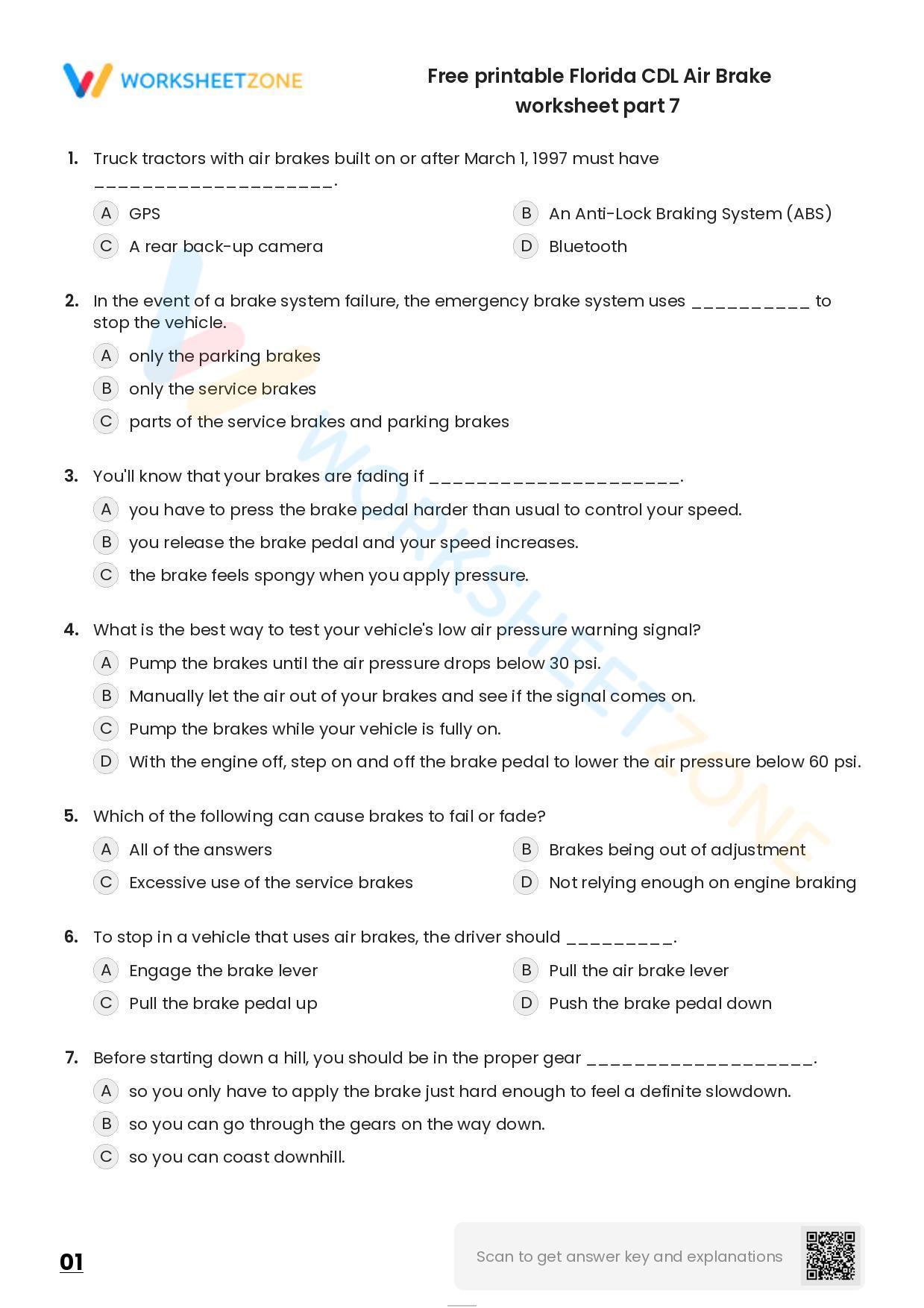 Free Printable Florida Cdl Air Brake Worksheet Part 7 7123