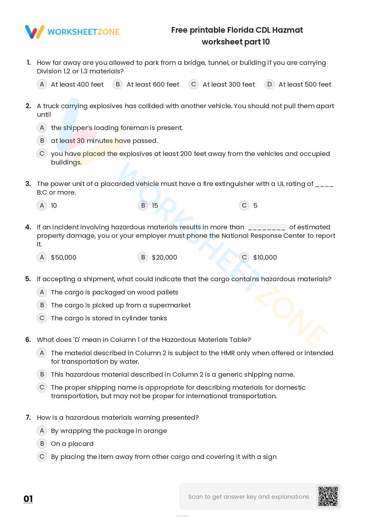 Free printable Florida CDL Hazmat practice test Worksheet Zone