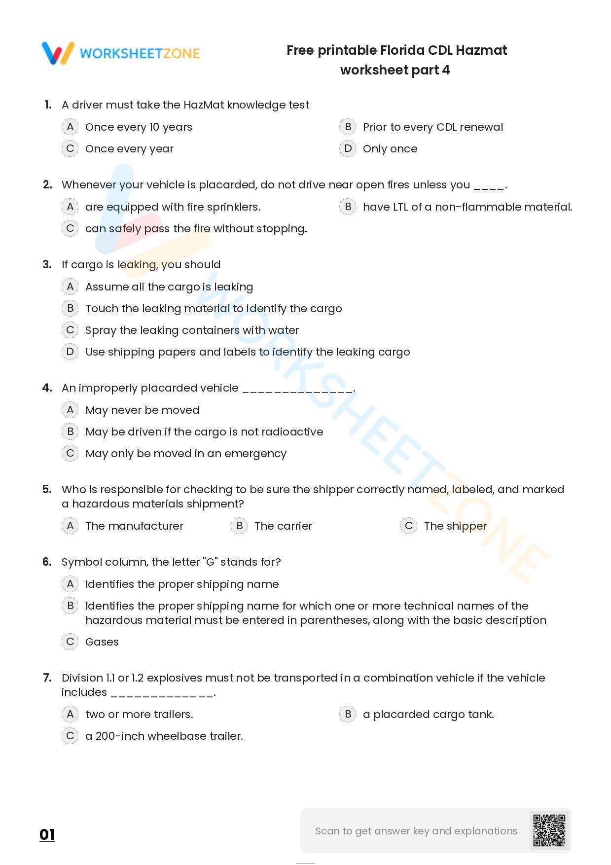 Free printable Florida CDL Hazmat practice test Worksheet Zone