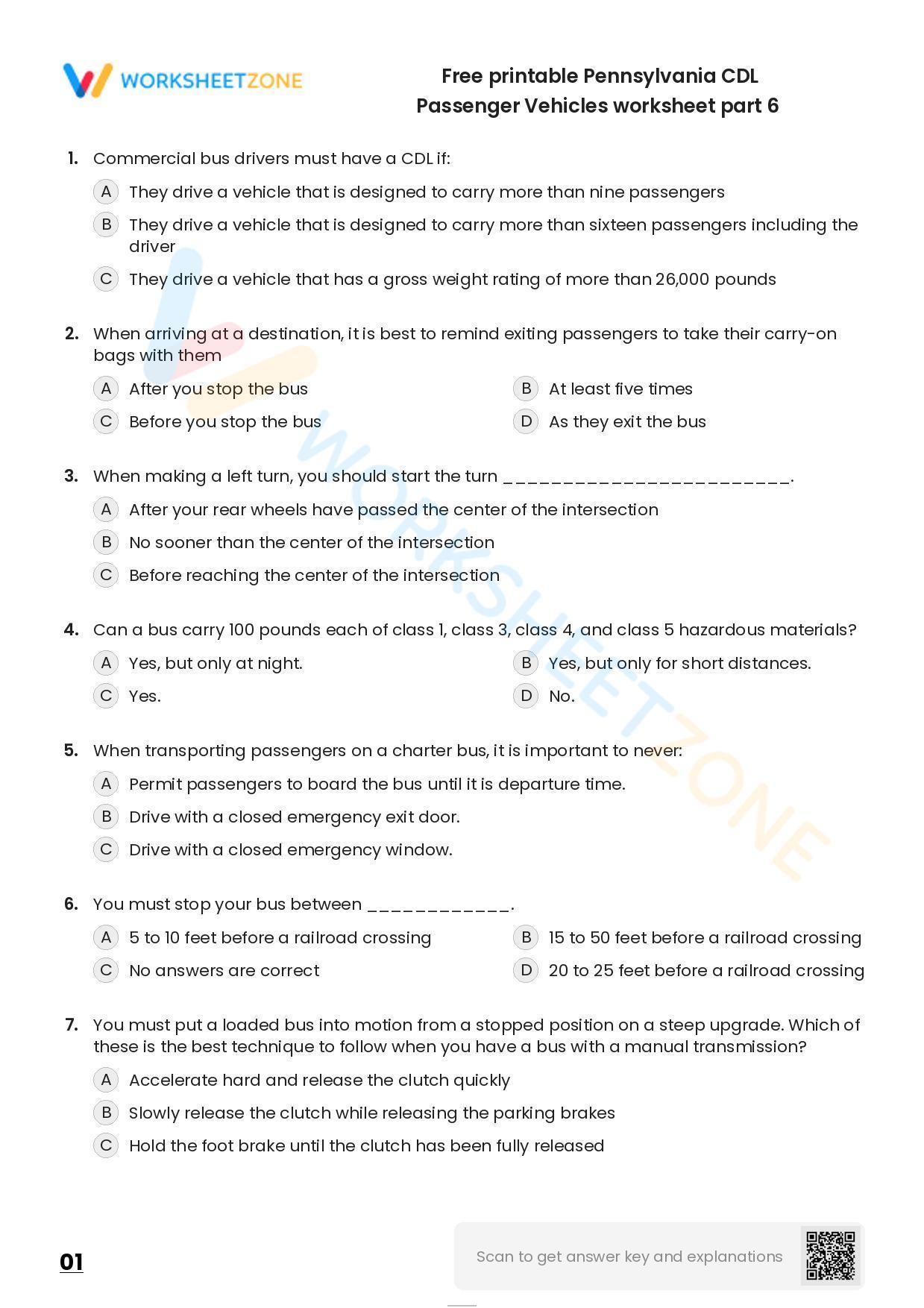 Free Printable Pennsylvania CDL Passenger Vehicles Worksheet Part 6