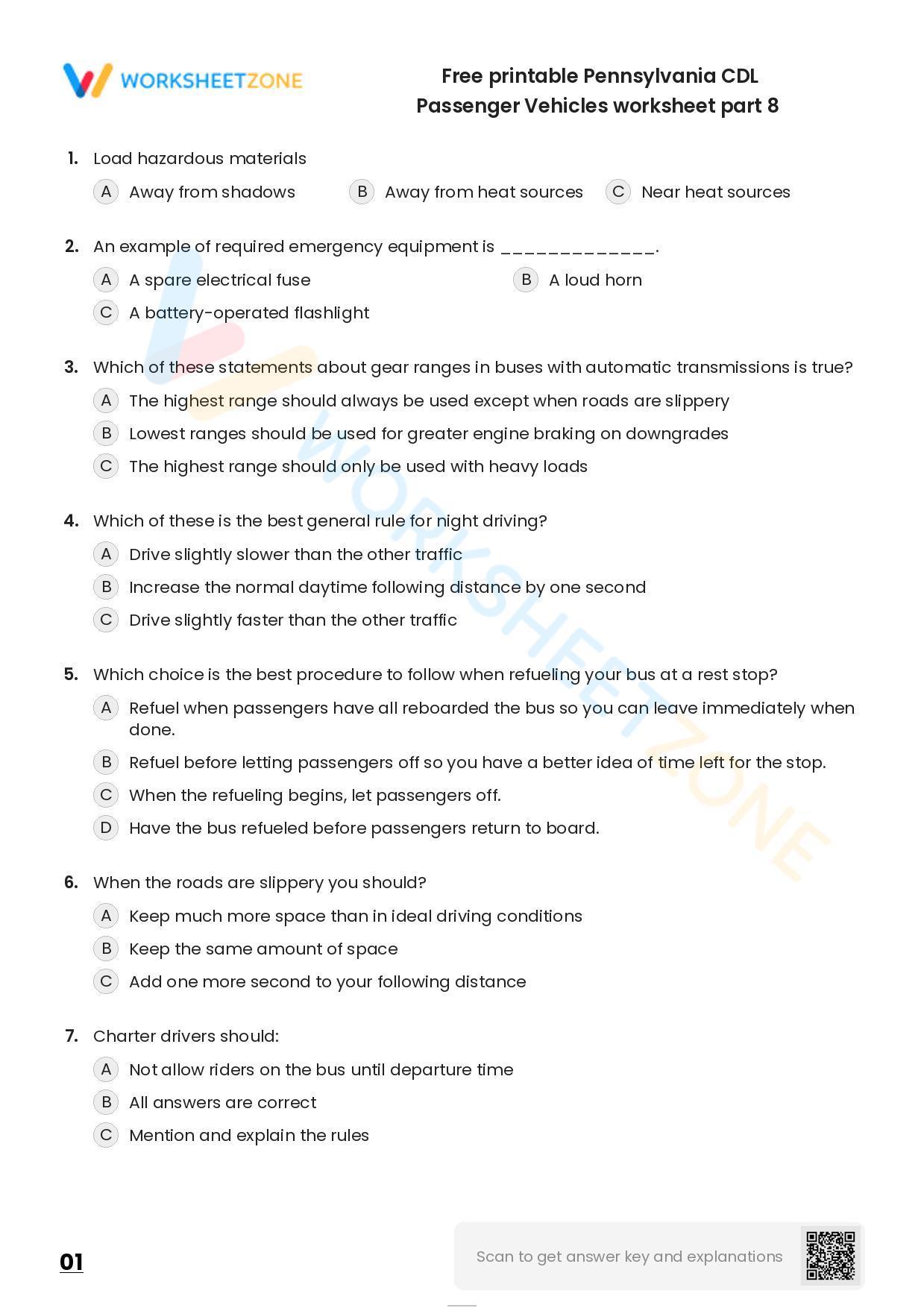 Free Printable Pennsylvania CDL Passenger Vehicles Worksheet Part 8