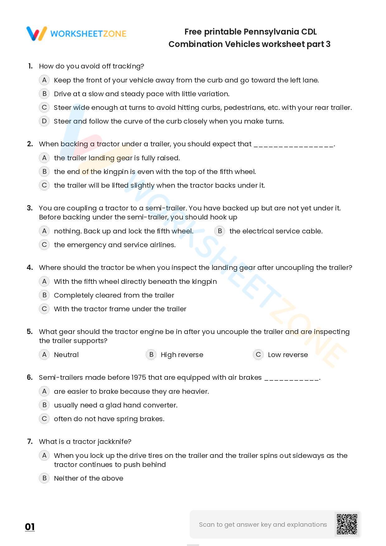 Free printable Pennsylvania CDL Combination Vehicles practice test