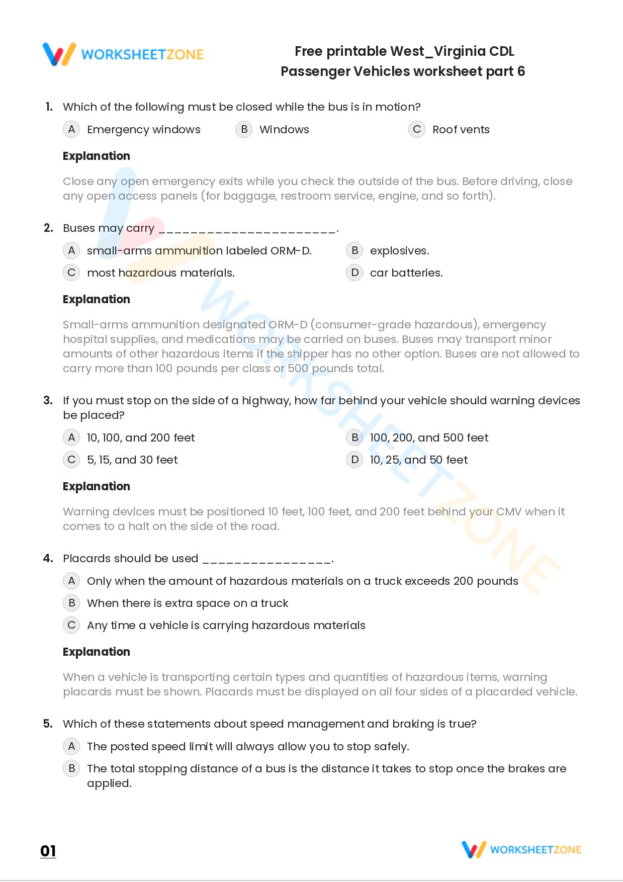 Free Printable West/Virginia CDL Passenger Vehicles Worksheet Part 6