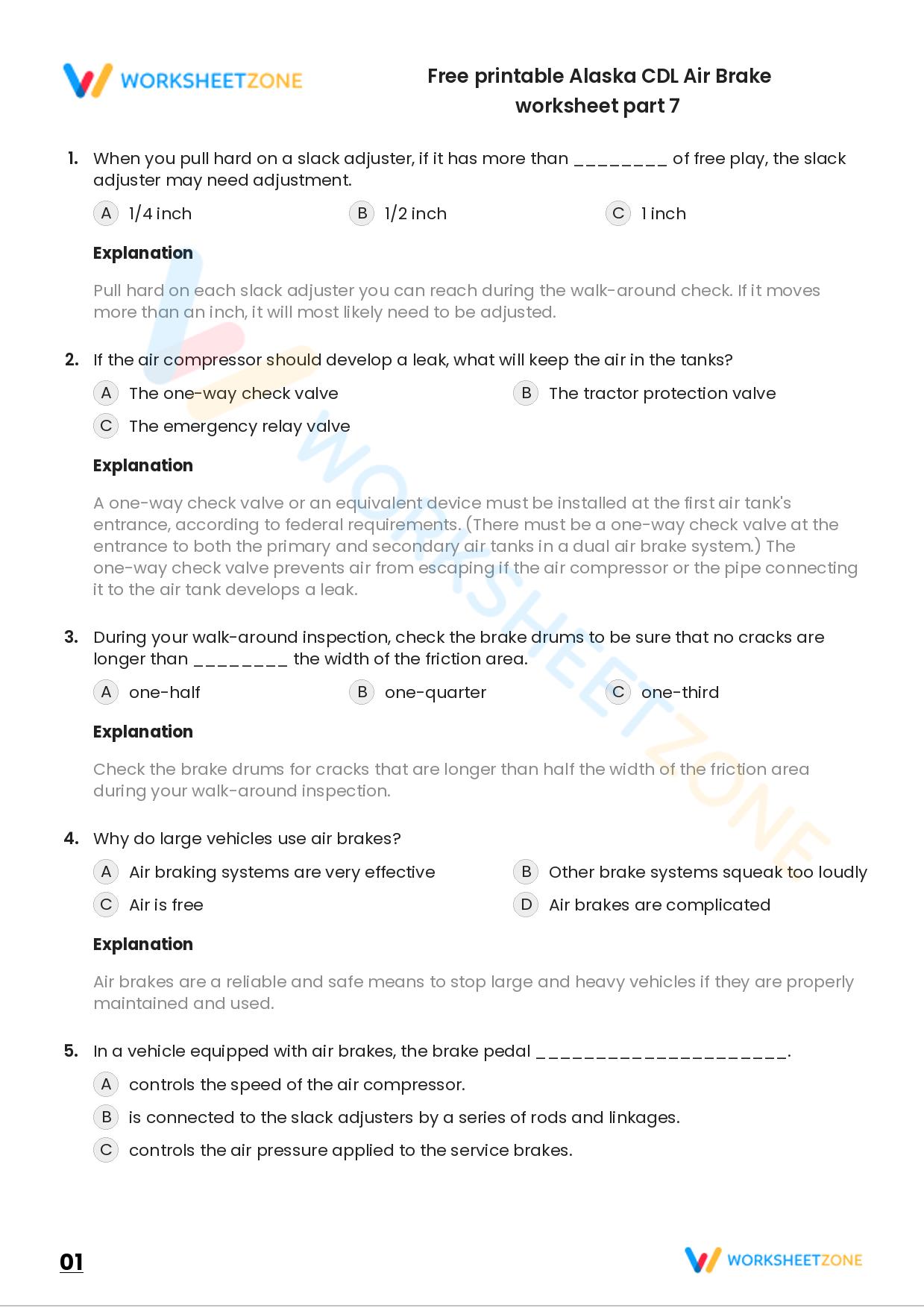 Free Printable Alaska CDL Air Brake Worksheet Part 7