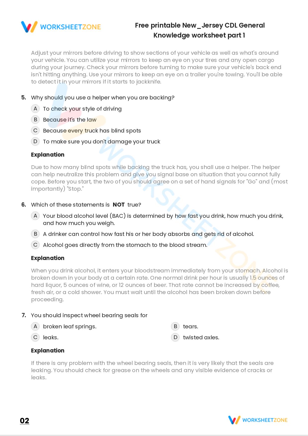 Free Printable New/Jersey CDL General Knowledge Worksheet Part 2