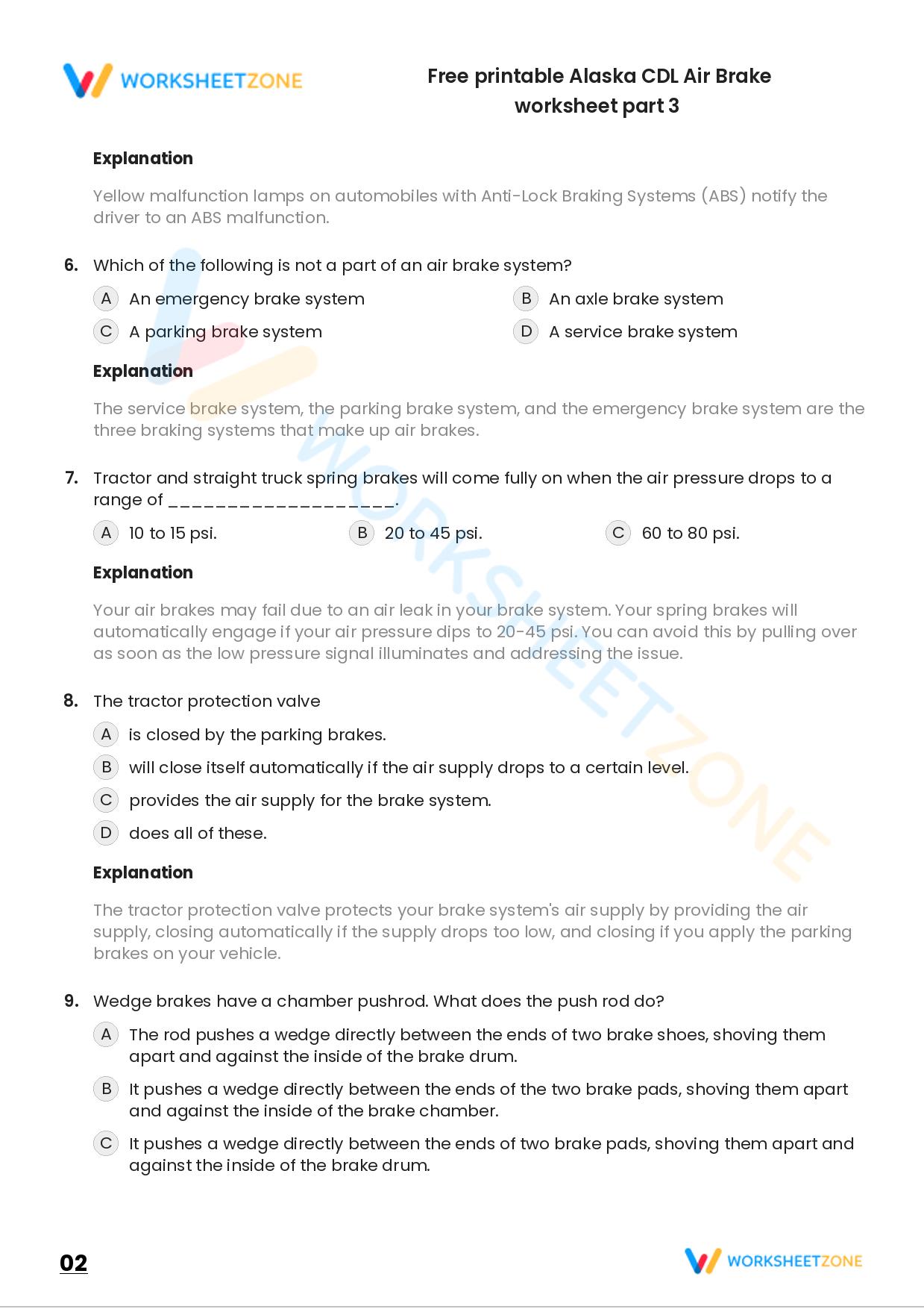 Free Printable Alaska CDL Air Brake Worksheet Part 7