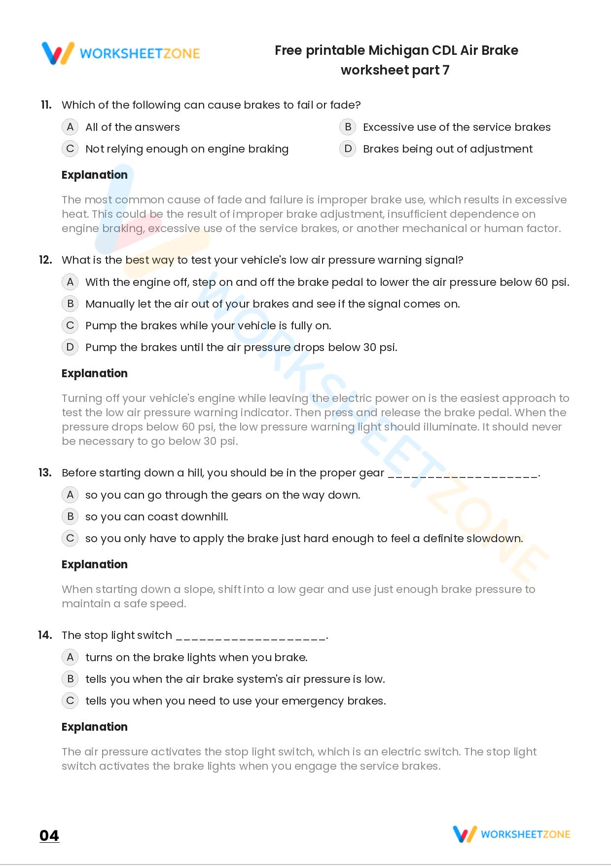 Free Printable Alaska CDL Air Brake Worksheet Part 7