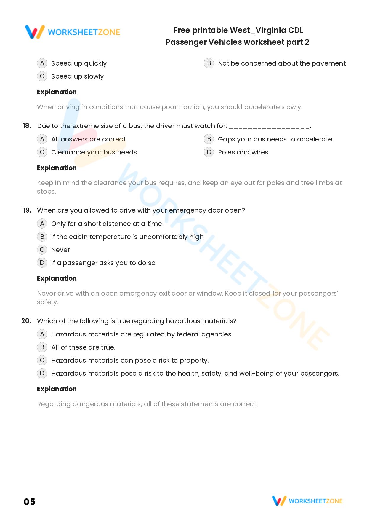 Free Printable West/Virginia CDL Passenger Vehicles Worksheet Part 6