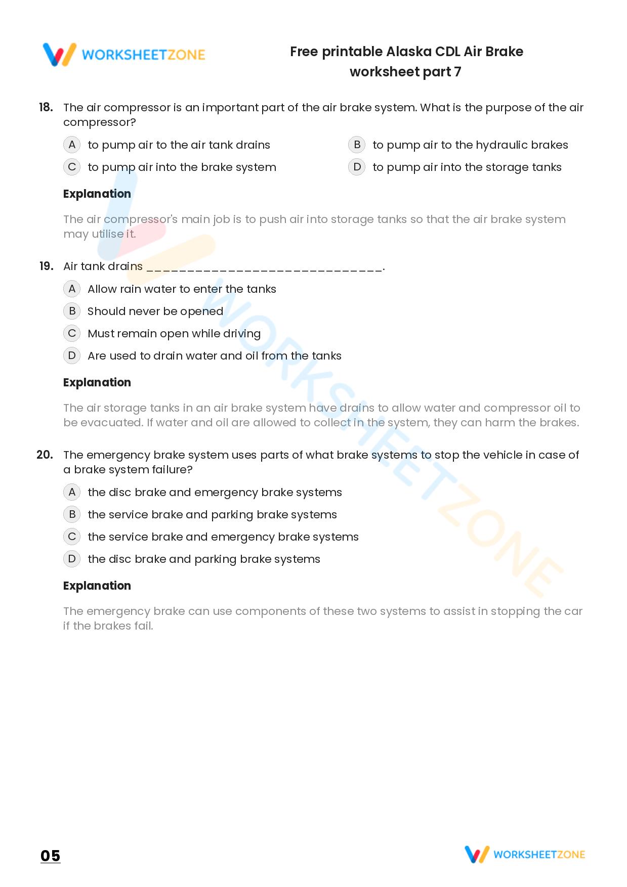 Free Printable Alaska CDL Air Brake Worksheet Part 7