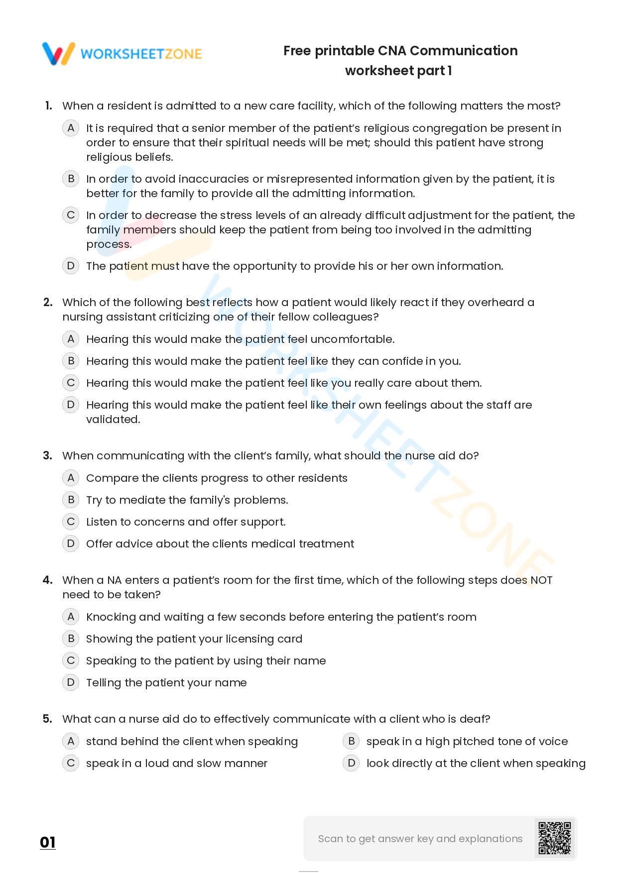 Free Printable CNA Communication Worksheet Part 1