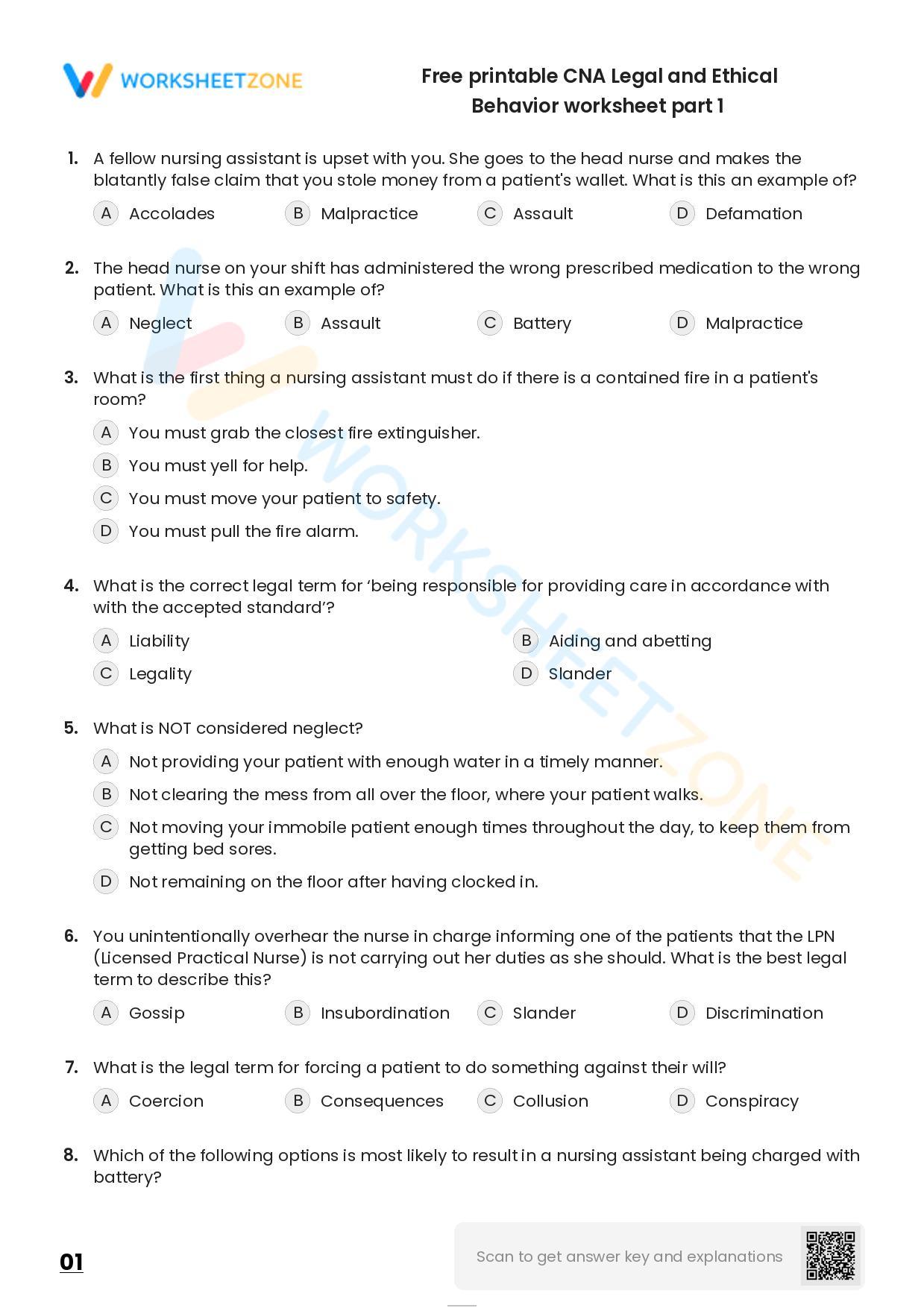 Free Printable CNA Legal And Ethical Behavior Worksheet Part 1