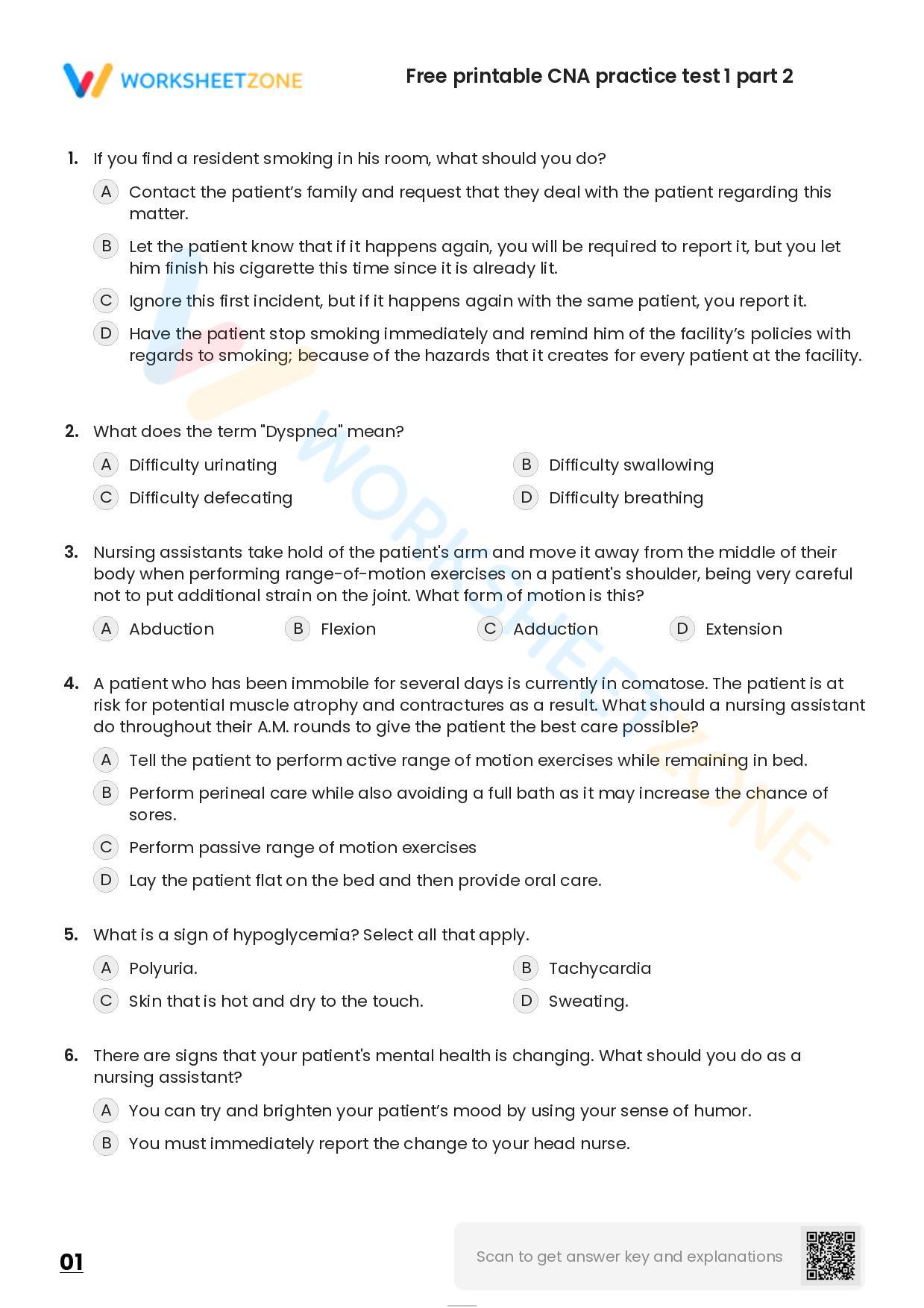 Free Printable CNA Practice Test 1 Part 2 Worksheet Free Printable CNA Practice Test 1 Part 2 Worksheet