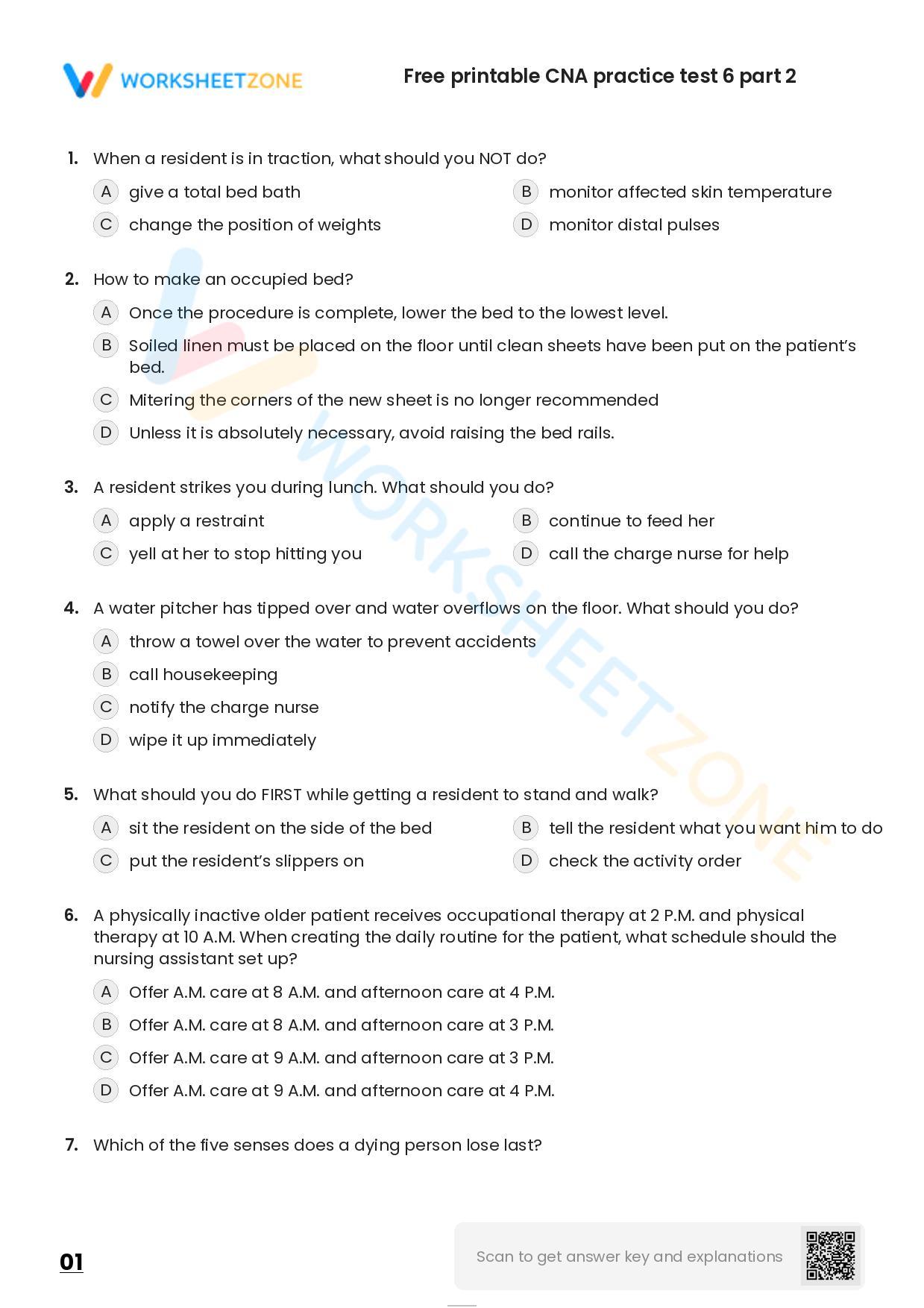 Free Printable CNA Practice Test 7 Part 1 Worksheet