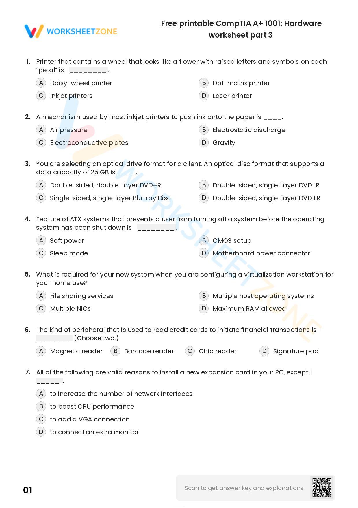 Free Printable CompTIA A+ 1001: Hardware Worksheet Part 3