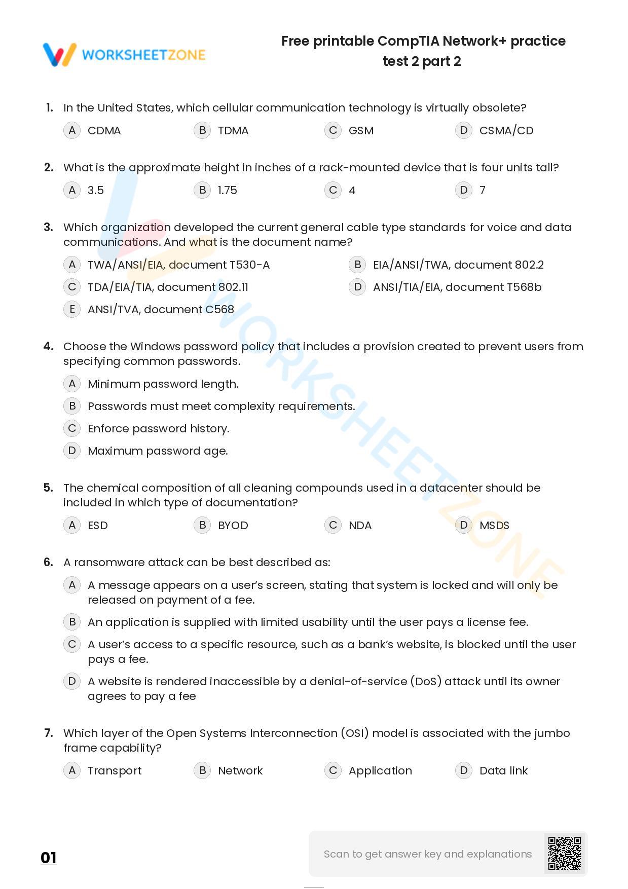 Free Printable CompTIA Network+ Practice Test 2 Part 2 Worksheet