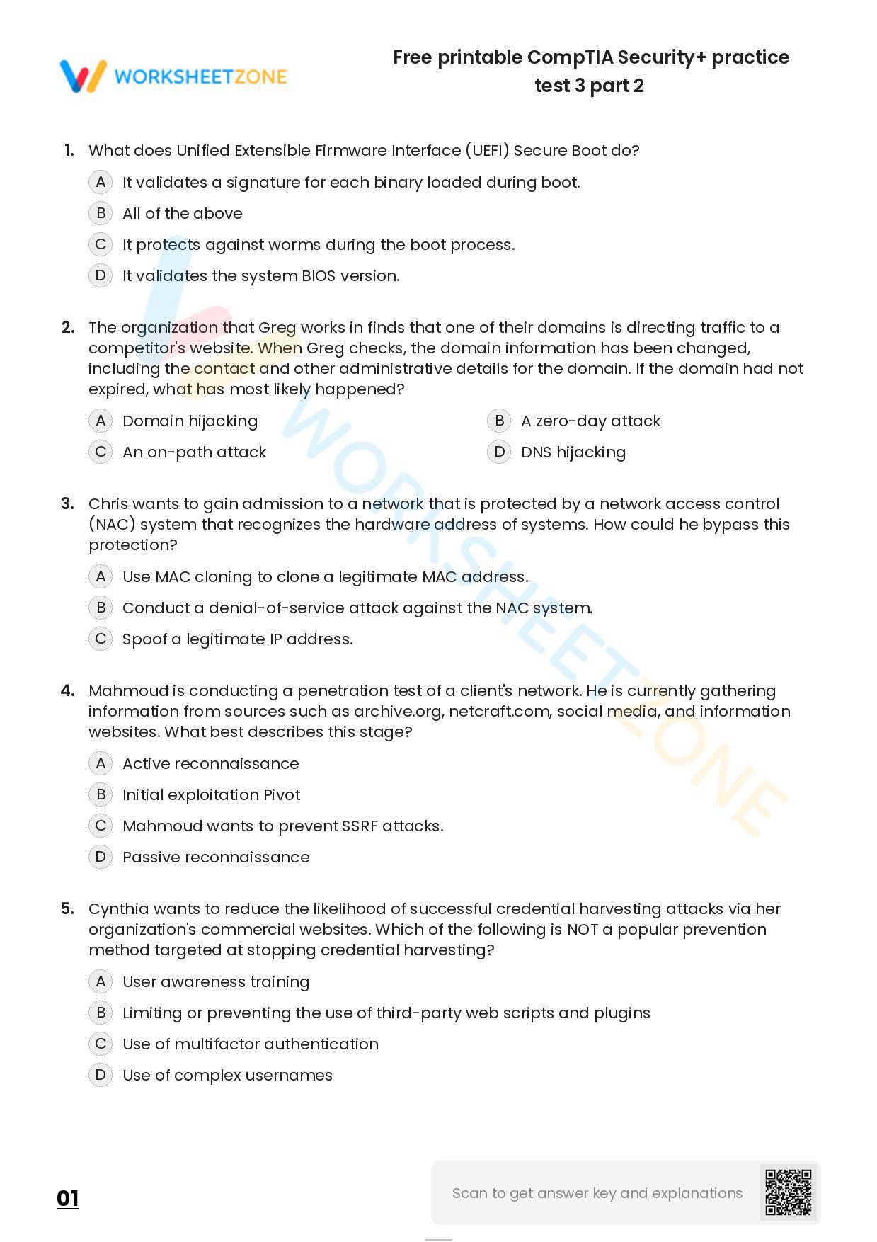 Free Printable CompTIA Security+ Practice Test 3 Part 2 Worksheet