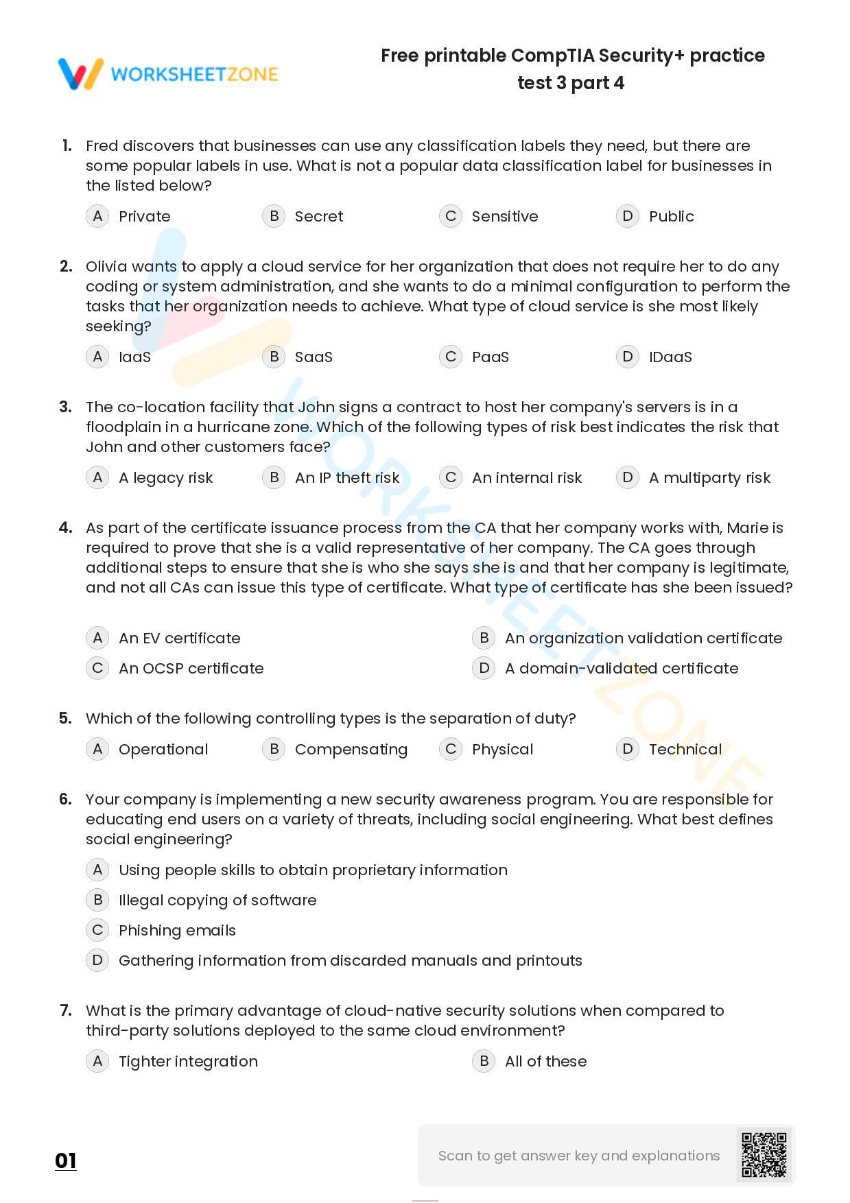 Free Printable CompTIA Security+ Practice Test 3 Part 4 Worksheet