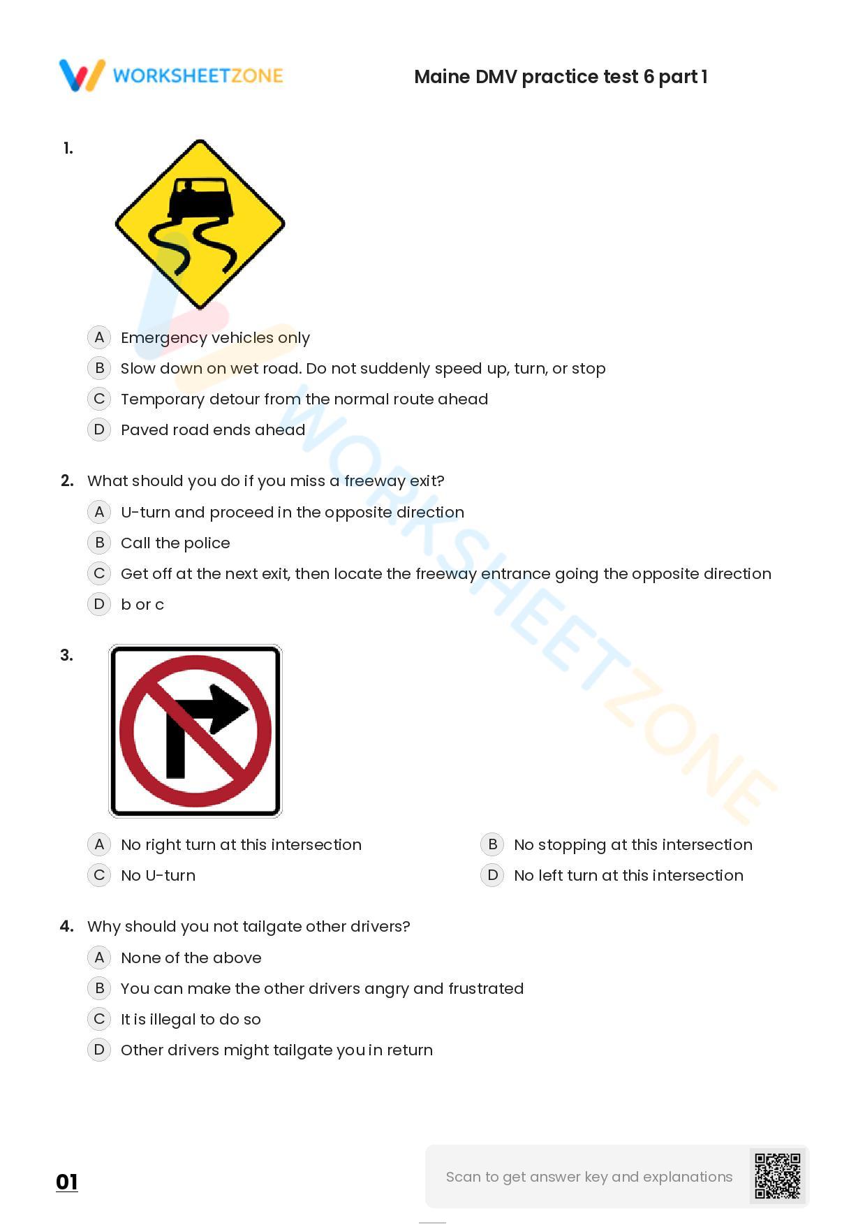 Free Printable Maine DMV Practice Test 6 Part 1 Worksheet