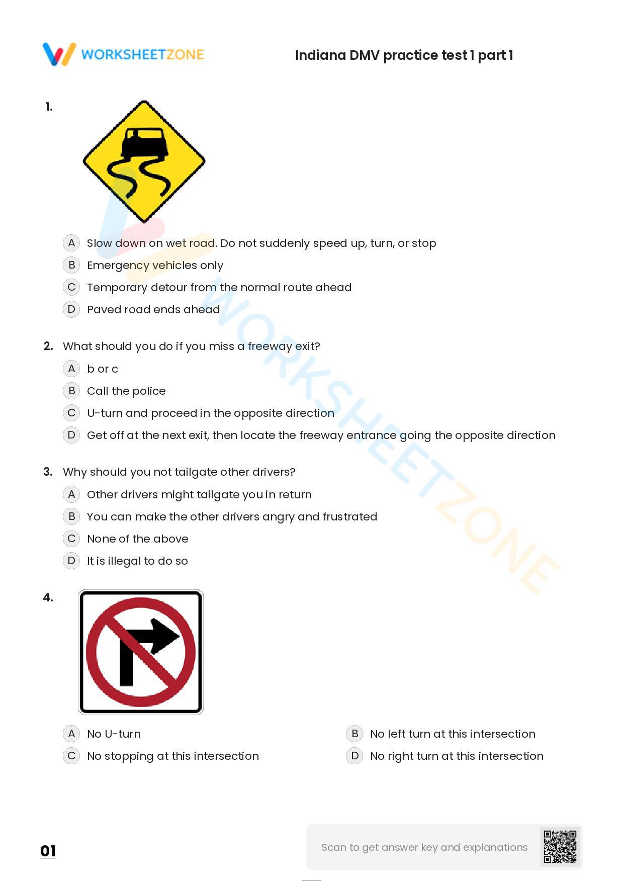 Free Printable Indiana DMV Practice Test 1 Part 1 Worksheet