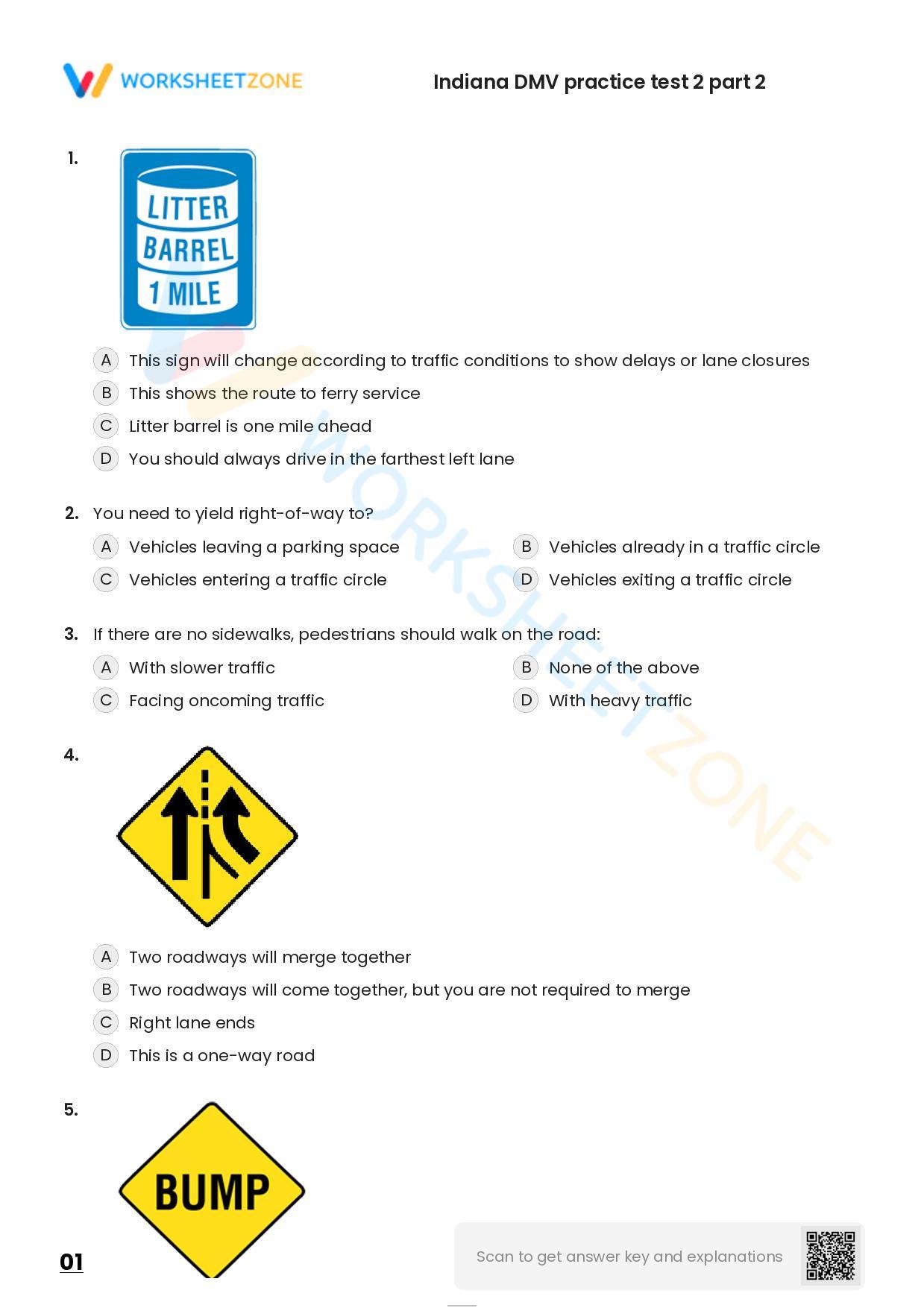 Free Printable Indiana DMV Practice Test 2 Part 2 Worksheet